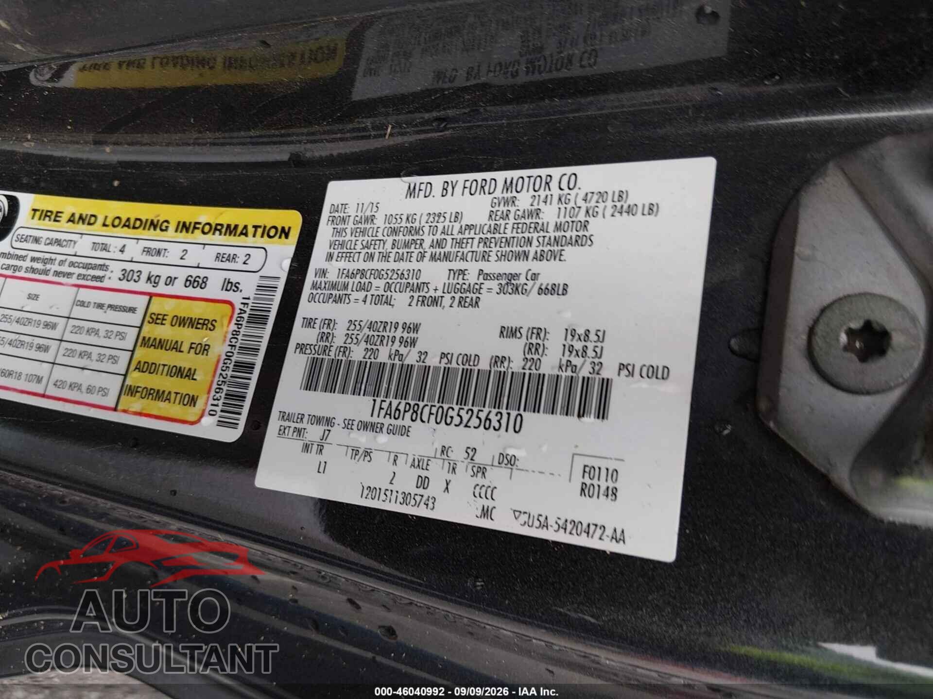 FORD MUSTANG 2016 - 1FA6P8CF0G5256310