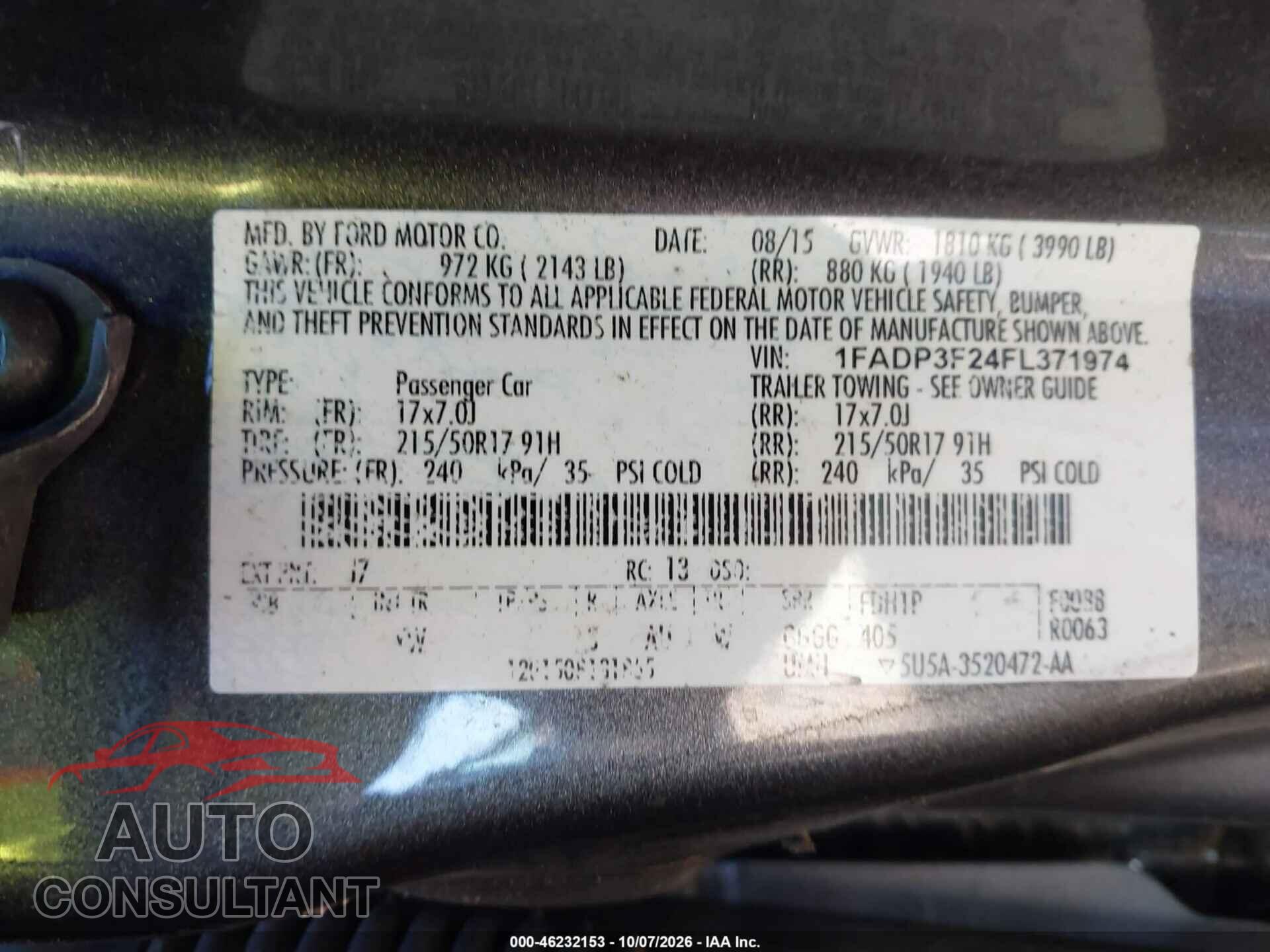FORD FOCUS 2015 - 1FADP3F24FL371974