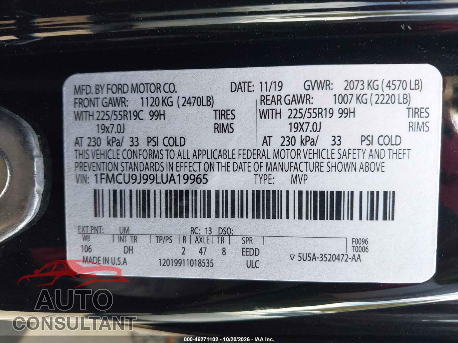 FORD ESCAPE 2020 - 1FMCU9J99LUA19965