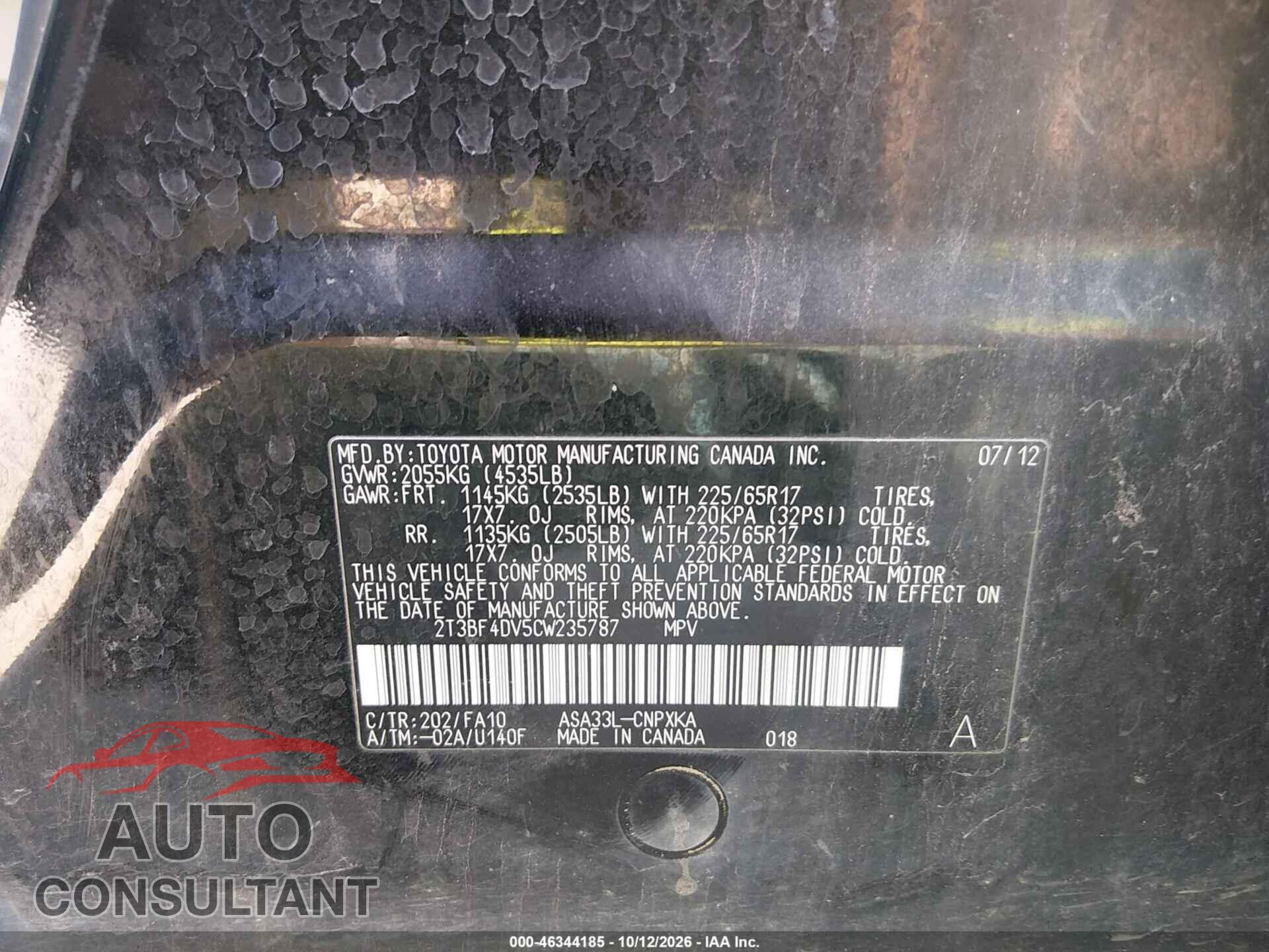 TOYOTA RAV4 2012 - 2T3BF4DV5CW235787
