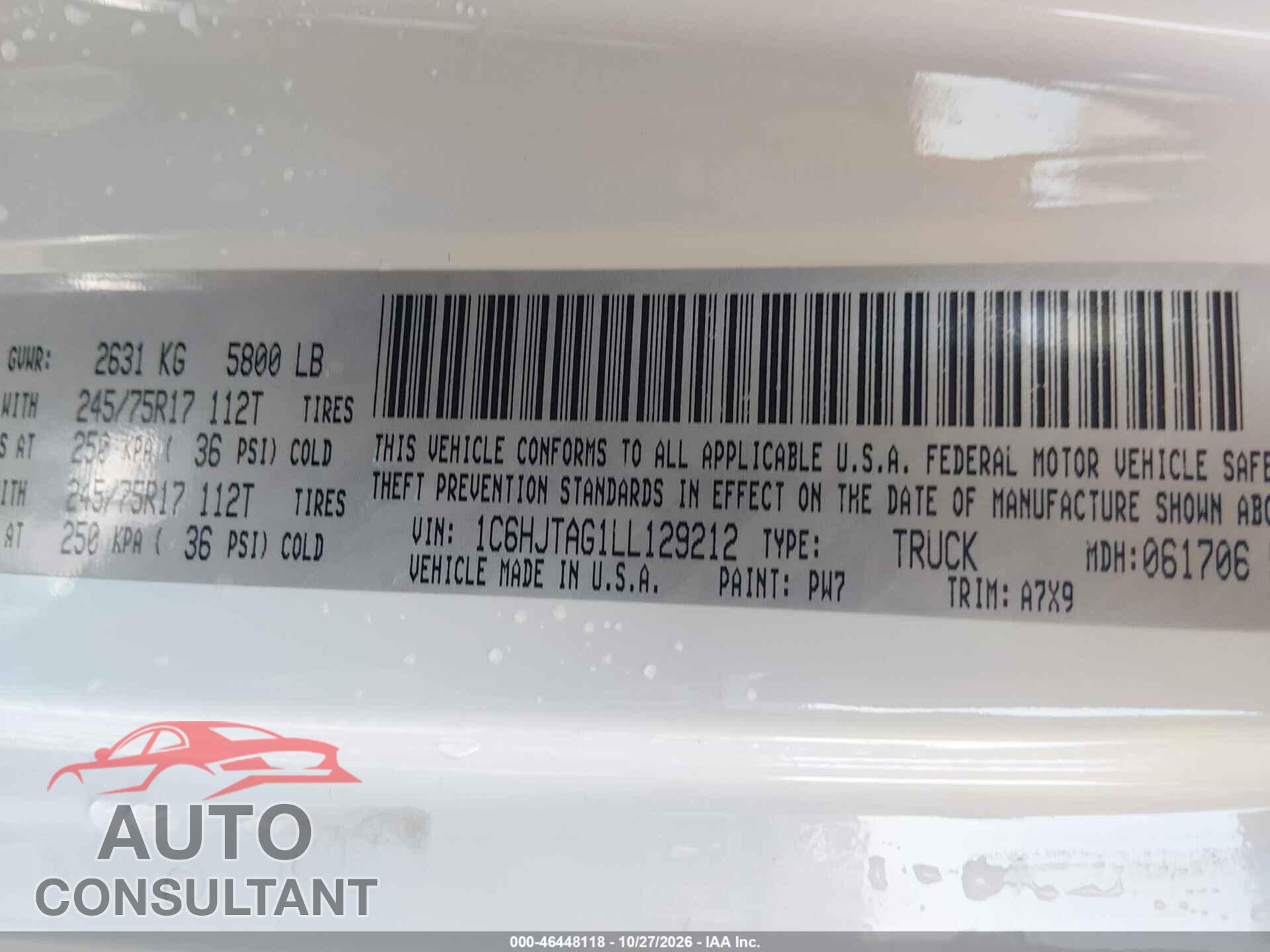 JEEP GLADIATOR 2020 - 1C6HJTAG1LL129212
