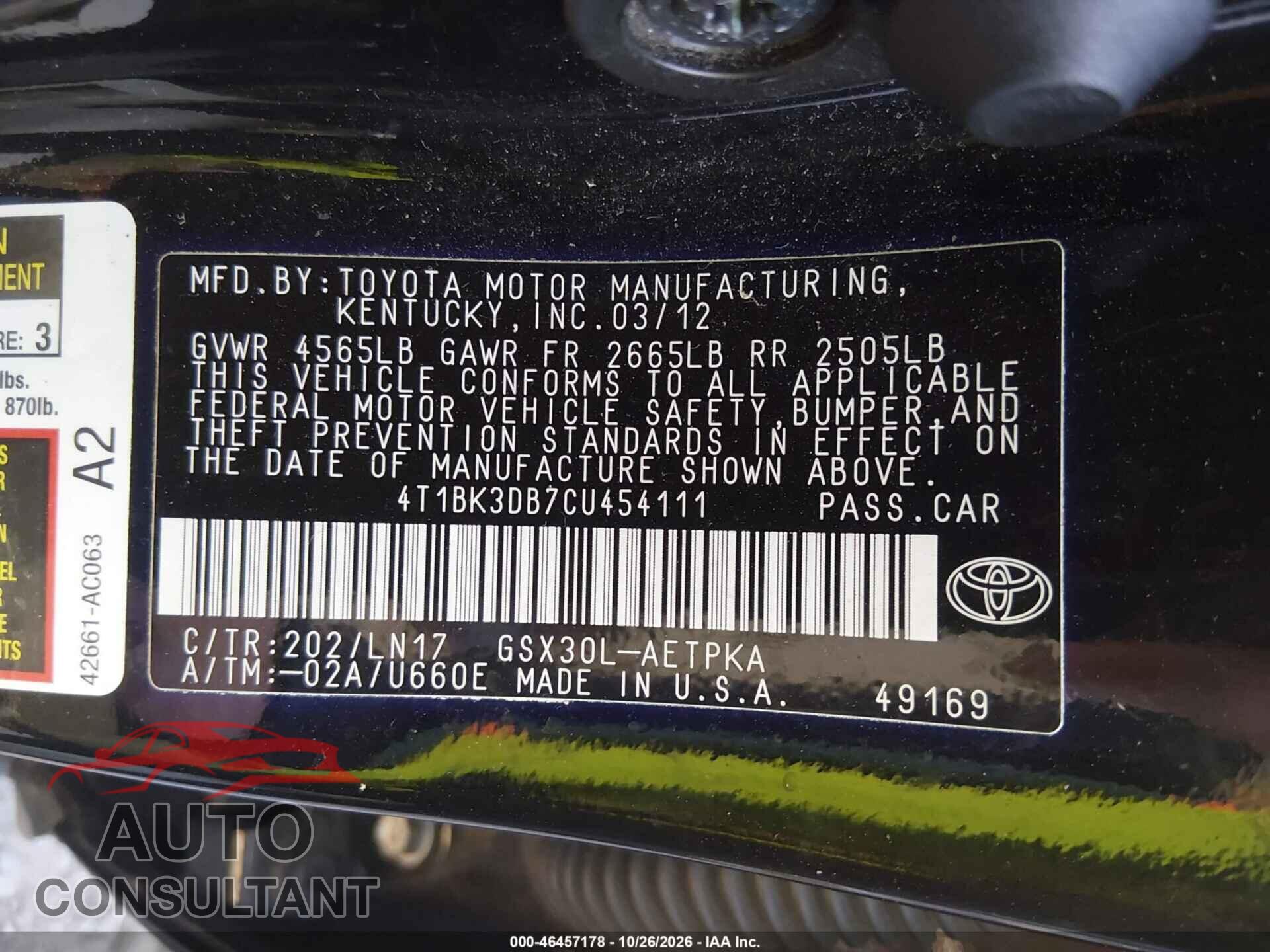 TOYOTA AVALON 2012 - 4T1BK3DB7CU454111