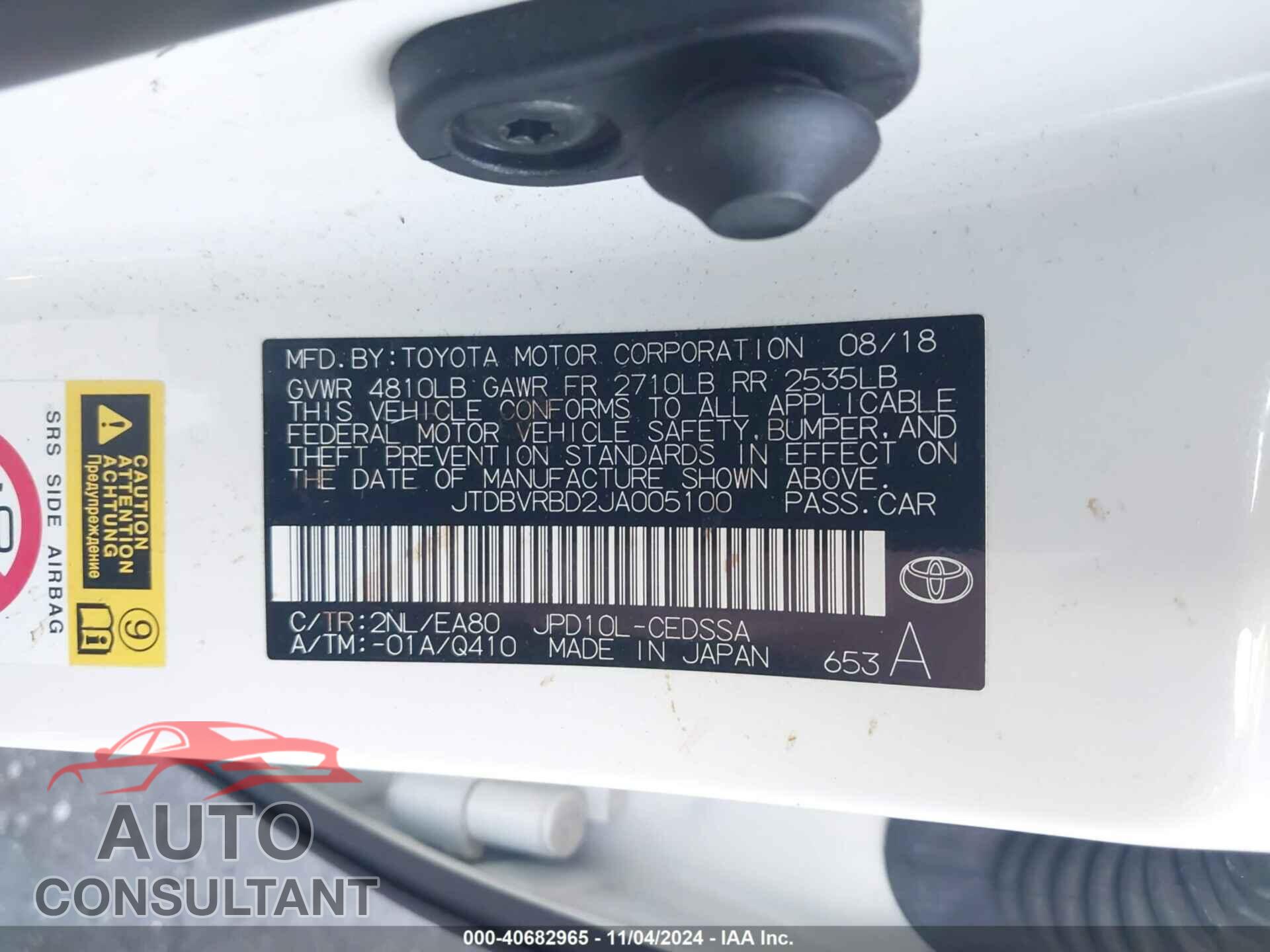 TOYOTA MIRAI 2018 - JTDBVRBD2JA005100