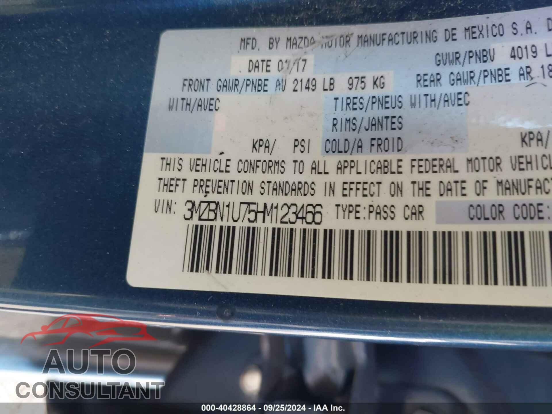 MAZDA 3 2017 - 3MZBN1U75HM123466