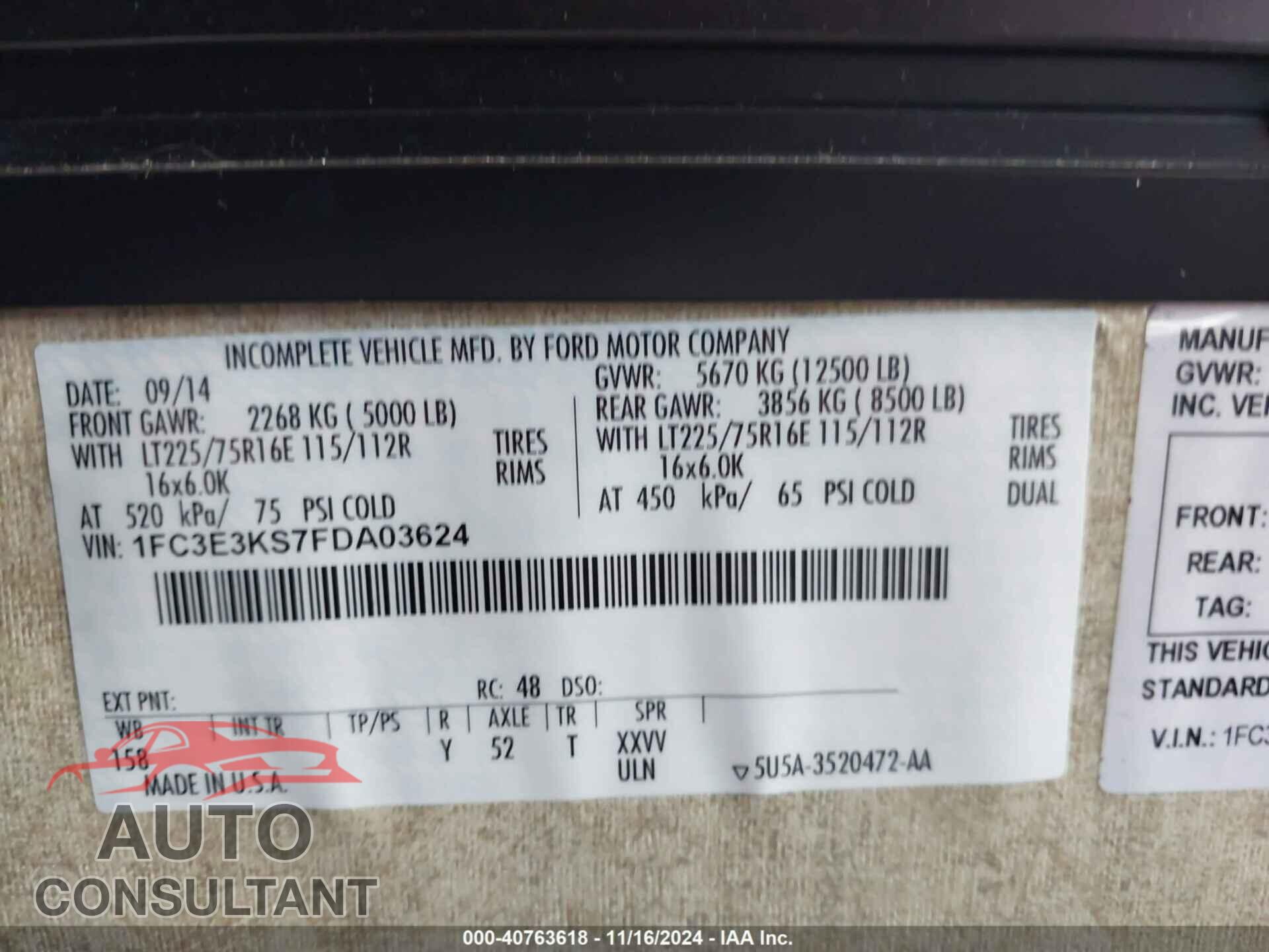 FORD E-350 STRIPPED 2015 - 1FC3E3KS7FDA03624
