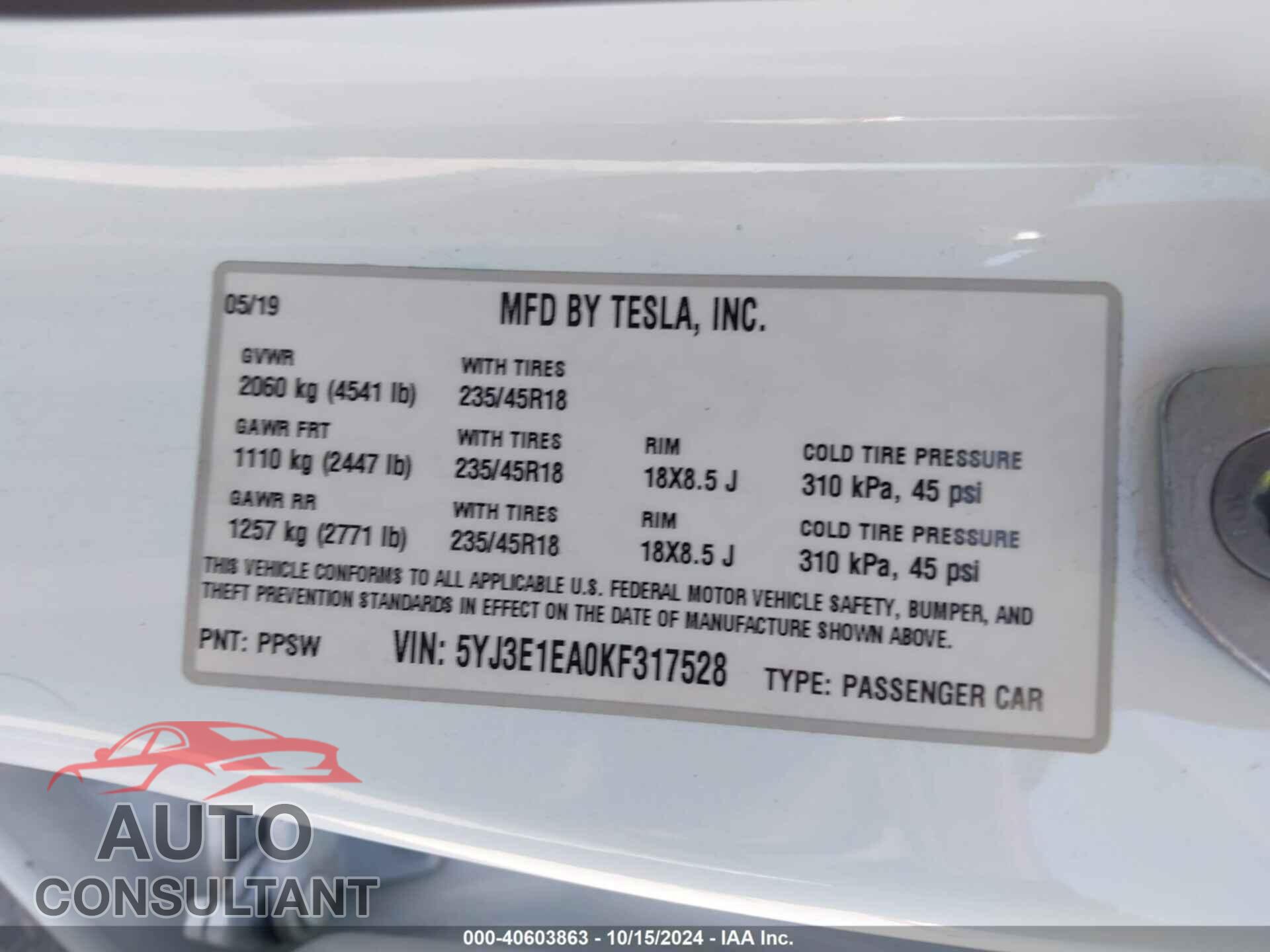 TESLA MODEL 3 2019 - 5YJ3E1EA0KF317528