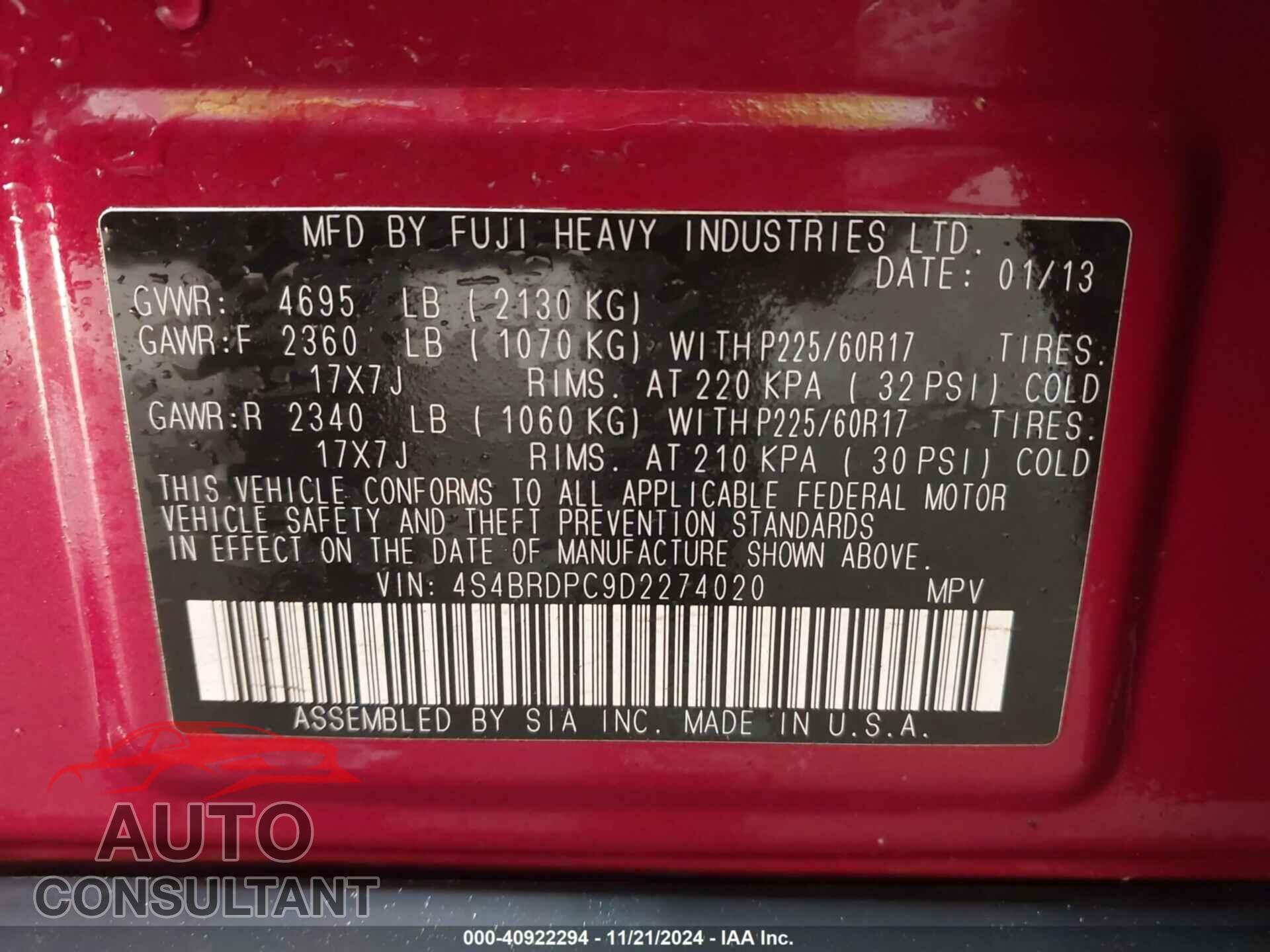 SUBARU OUTBACK 2013 - 4S4BRDPC9D2274020