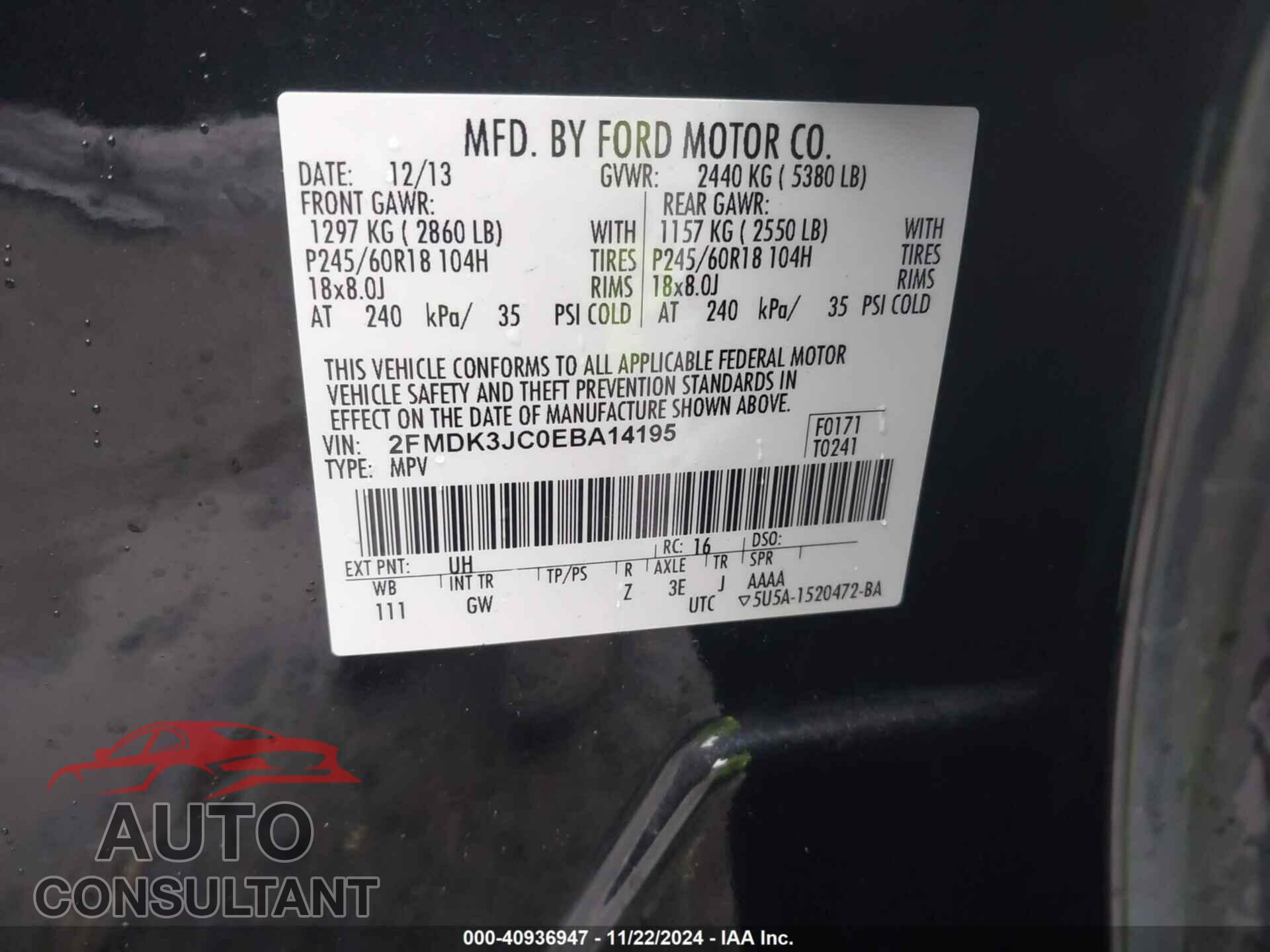 FORD EDGE 2014 - 2FMDK3JC0EBA14195