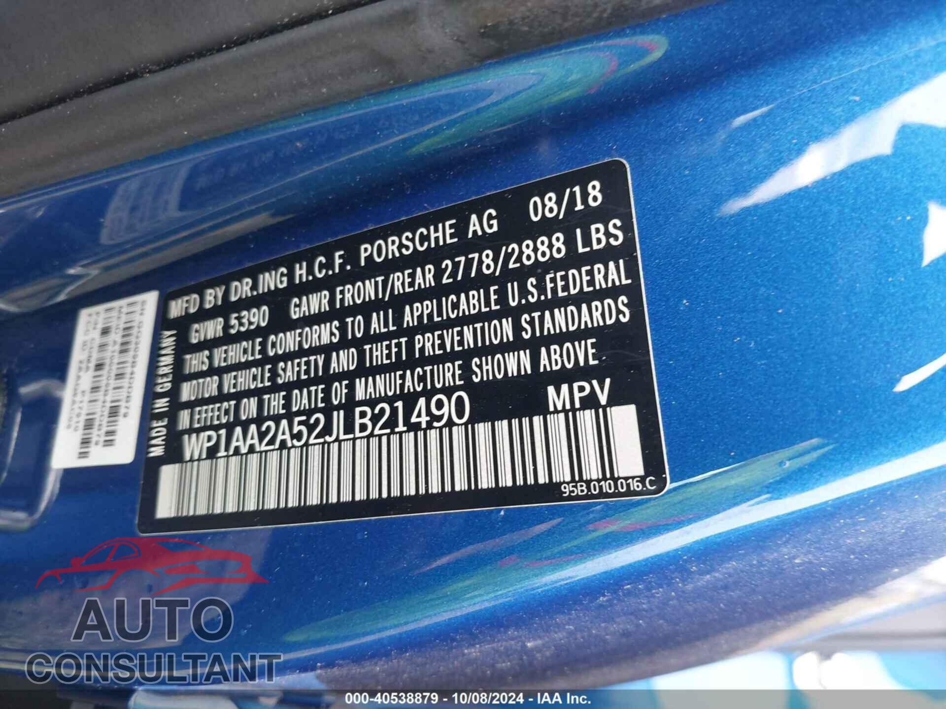 PORSCHE MACAN 2018 - WP1AA2A52JLB21490