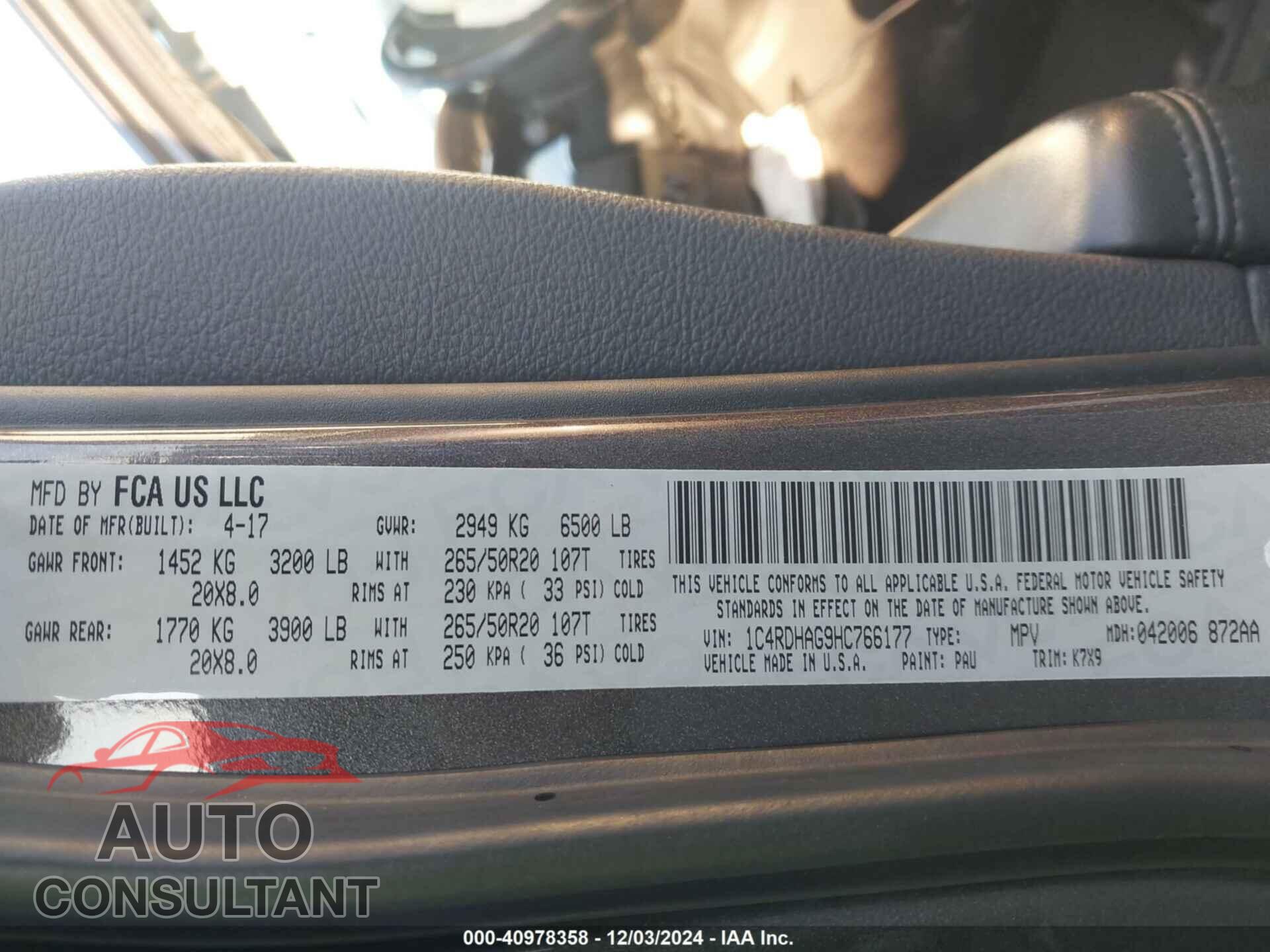 DODGE DURANGO 2017 - 1C4RDHAG9HC766177
