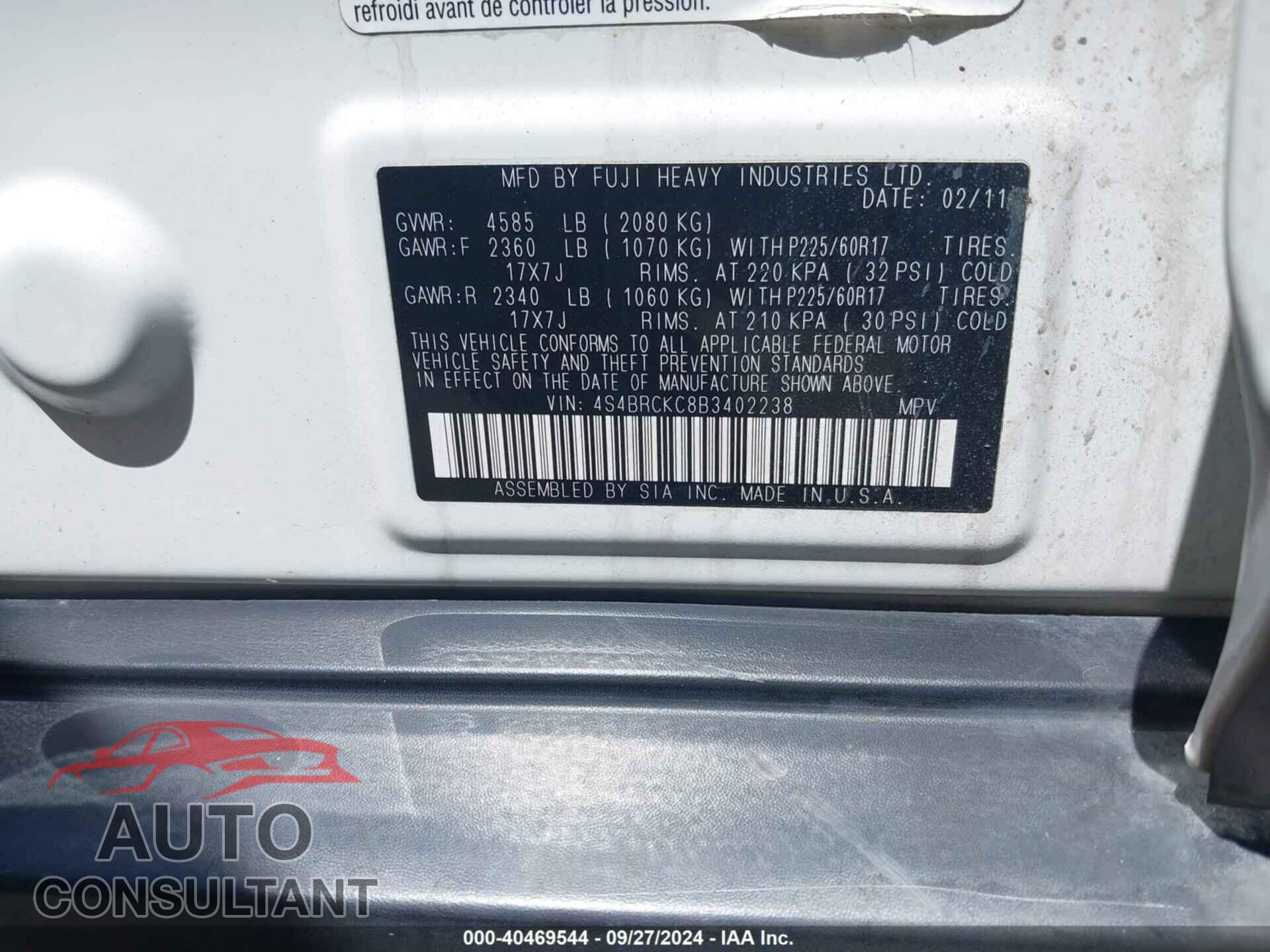 SUBARU OUTBACK 2011 - 4S4BRCKC8B3402238