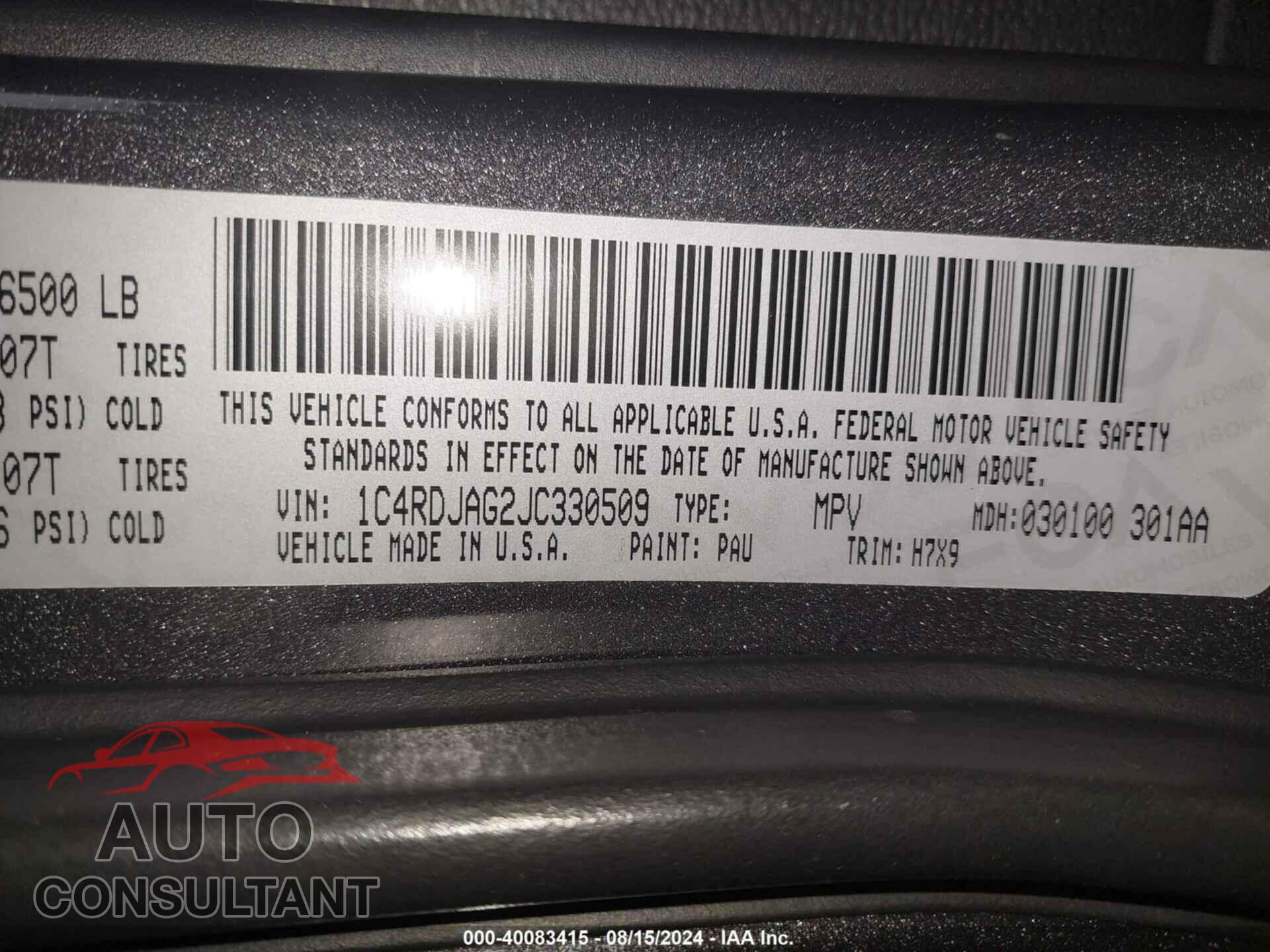 DODGE DURANGO 2018 - 1C4RDJAG2JC330509