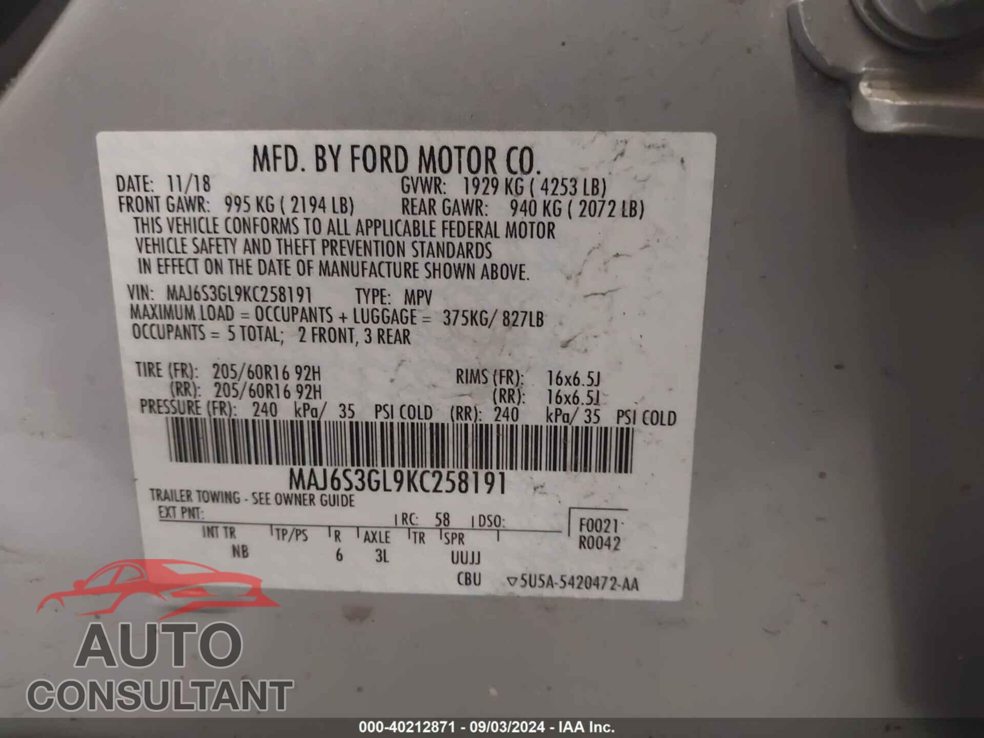 FORD ECOSPORT 2019 - MAJ6S3GL9KC258191