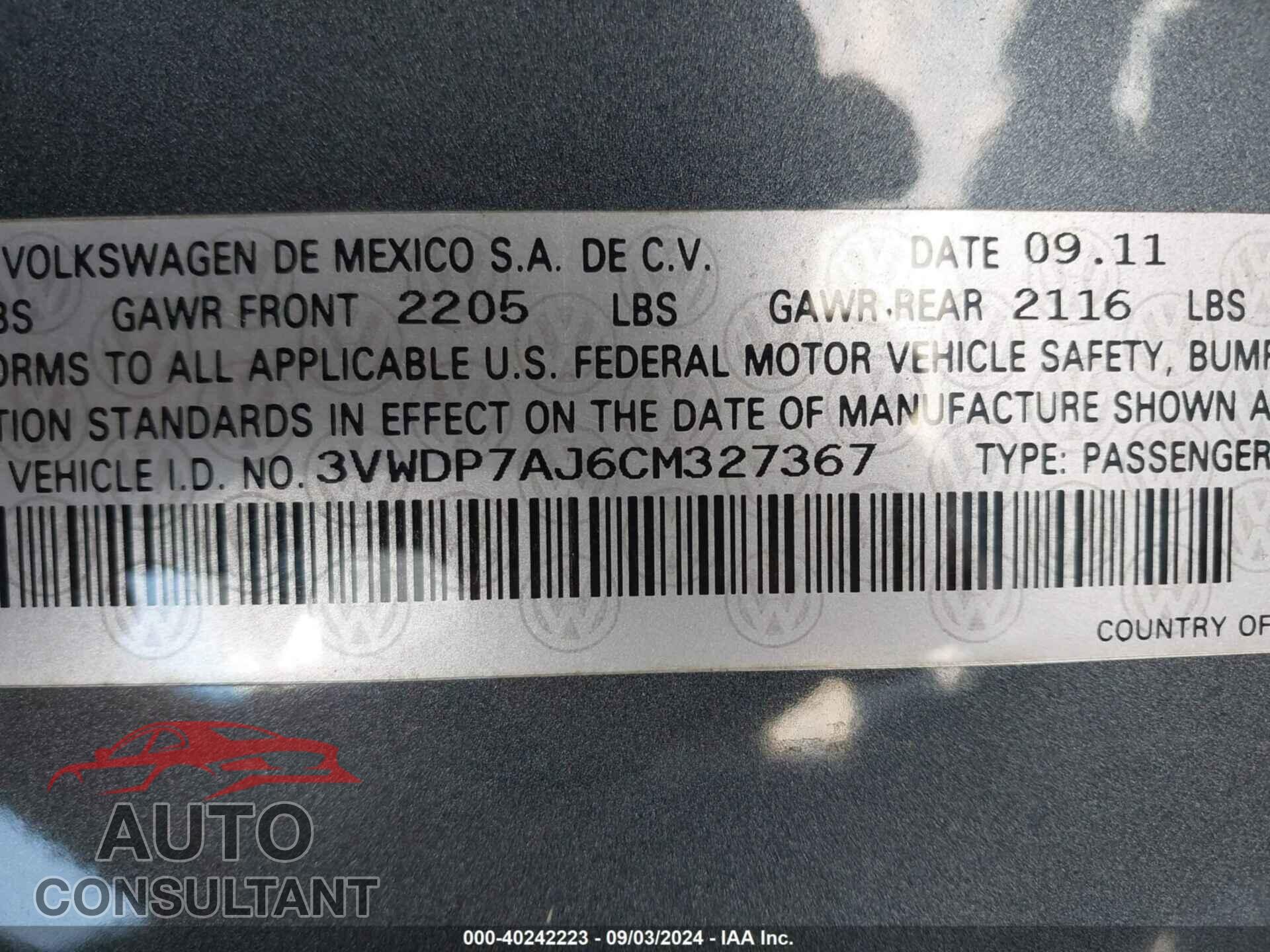 VOLKSWAGEN JETTA 2012 - 3VWDP7AJ6CM327367