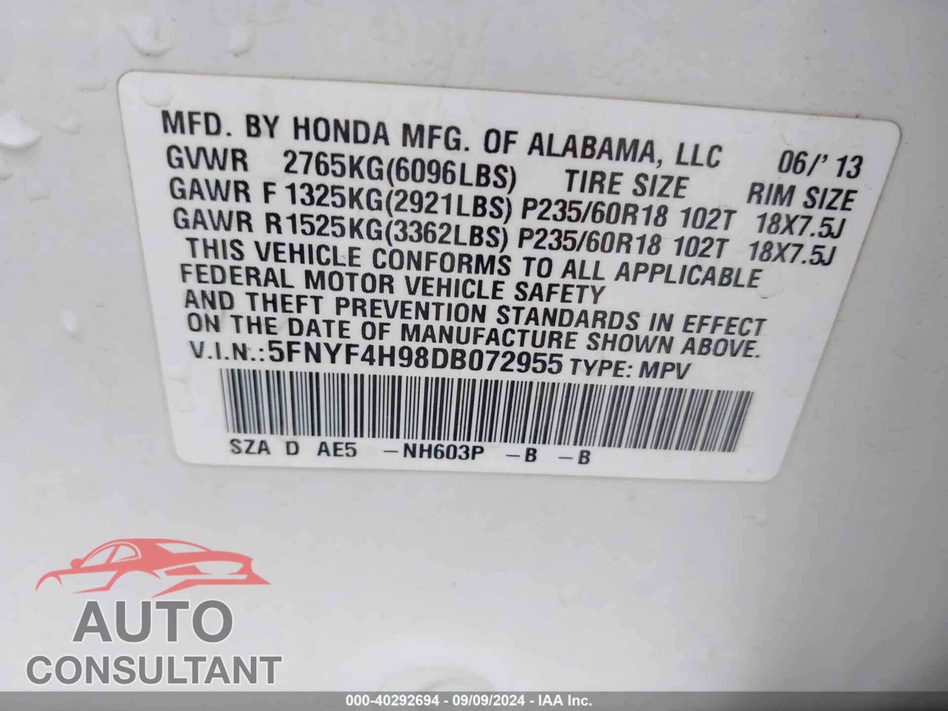 HONDA PILOT 2013 - 5FNYF4H98DB072955
