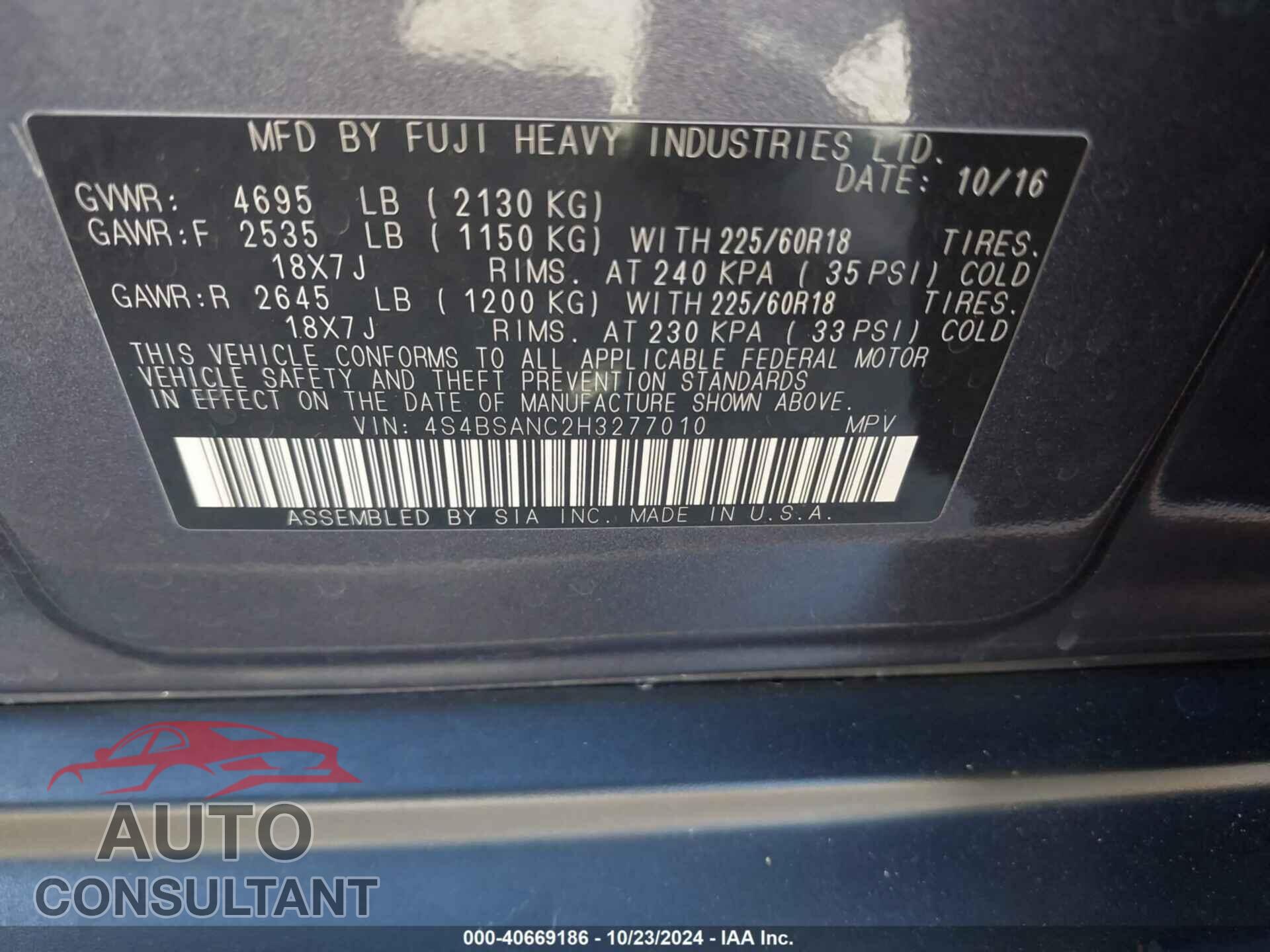 SUBARU OUTBACK 2017 - 4S4BSANC2H3277010