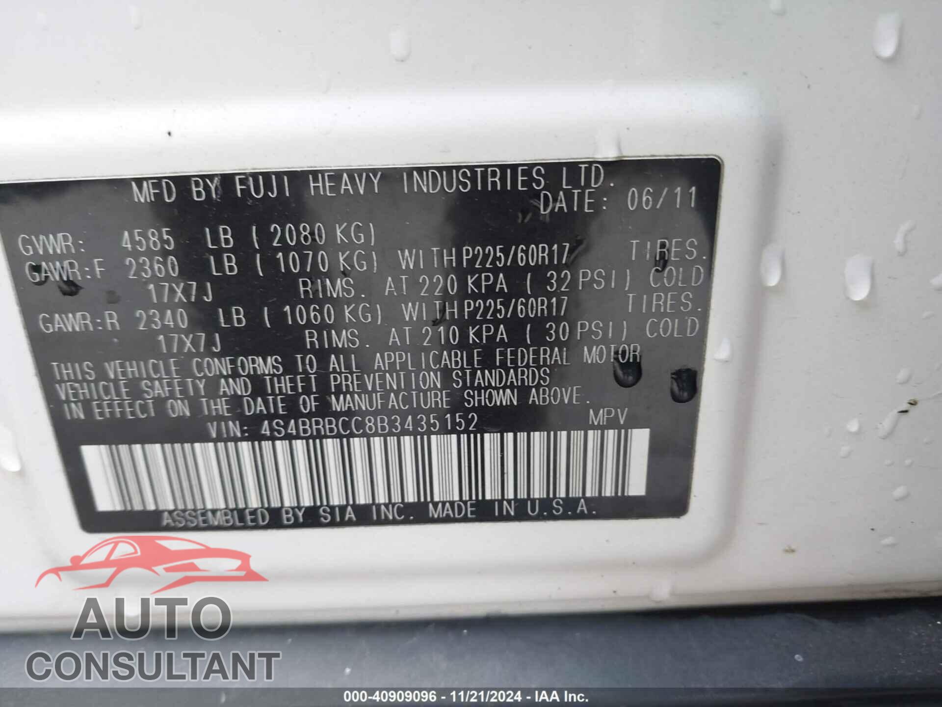 SUBARU OUTBACK 2011 - 4S4BRBCC8B3435152