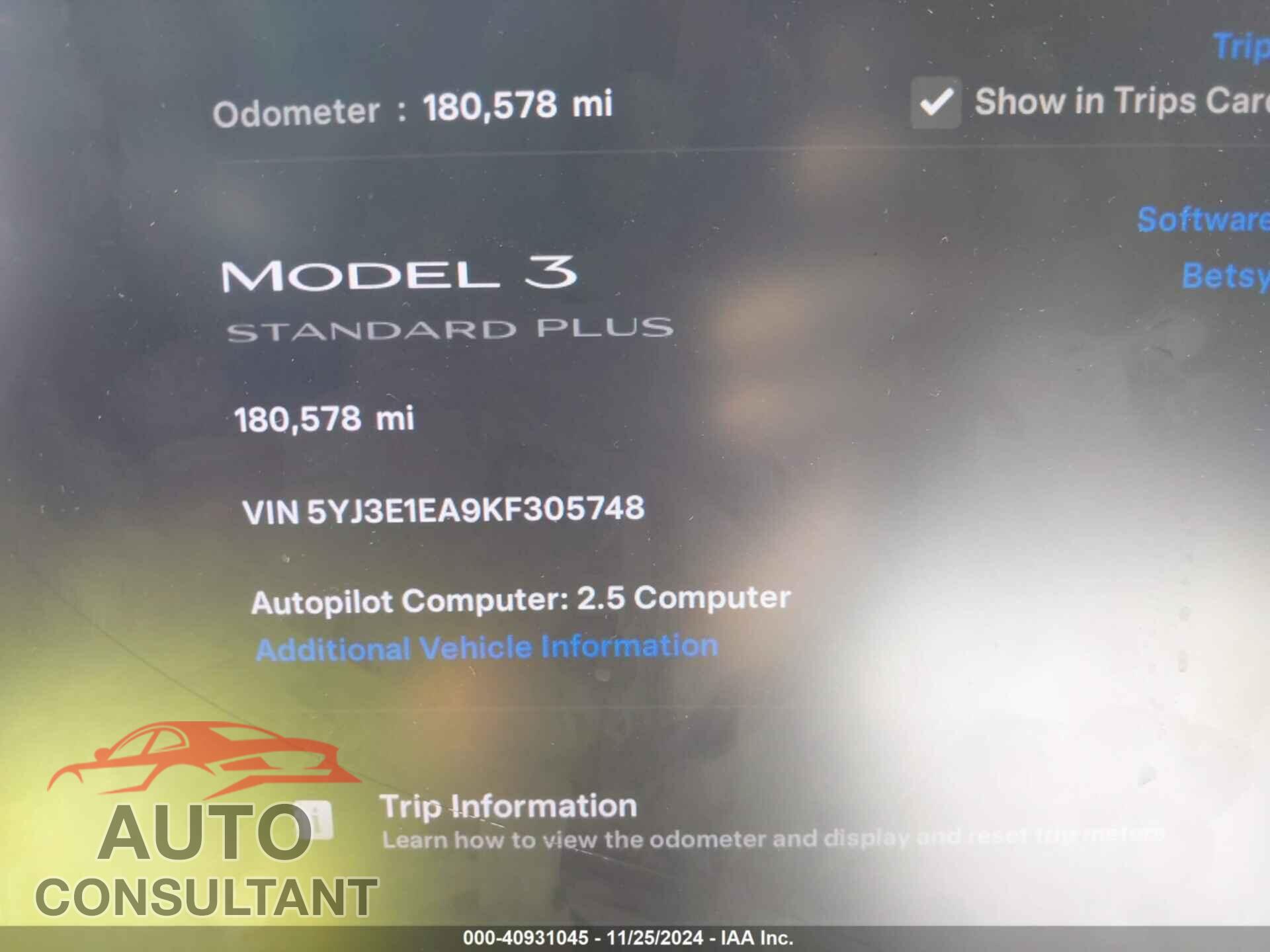 TESLA MODEL 3 2019 - 5YJ3E1EA9KF305748
