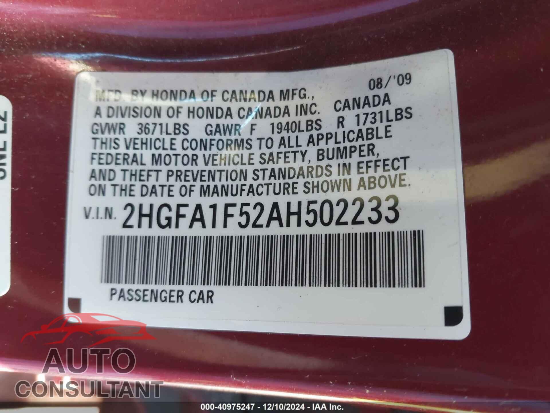 HONDA CIVIC 2010 - 2HGFA1F52AH502233