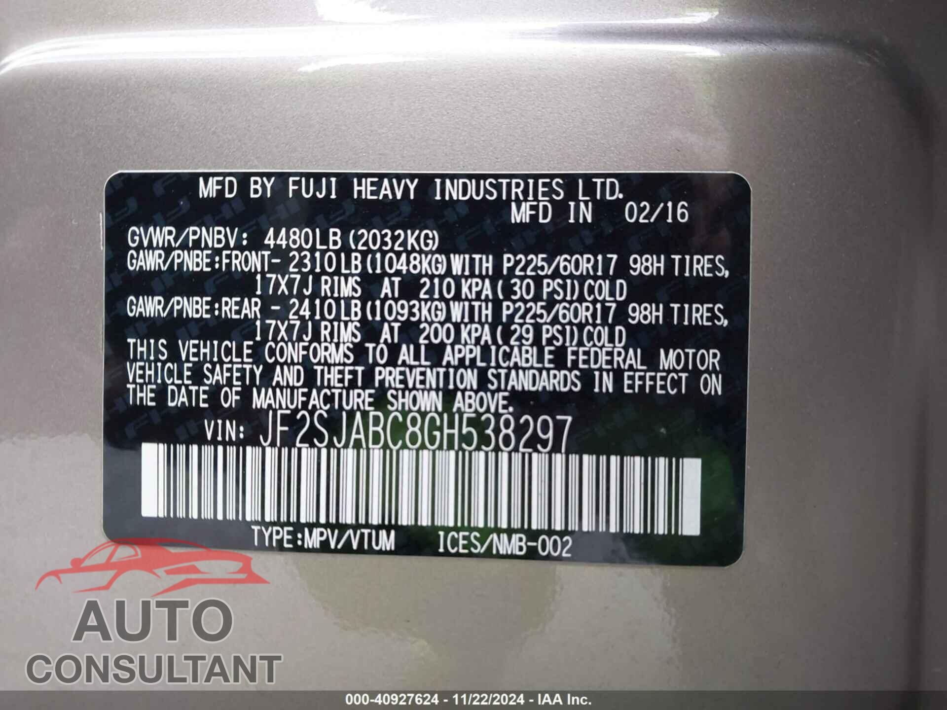 SUBARU FORESTER 2016 - JF2SJABC8GH538297