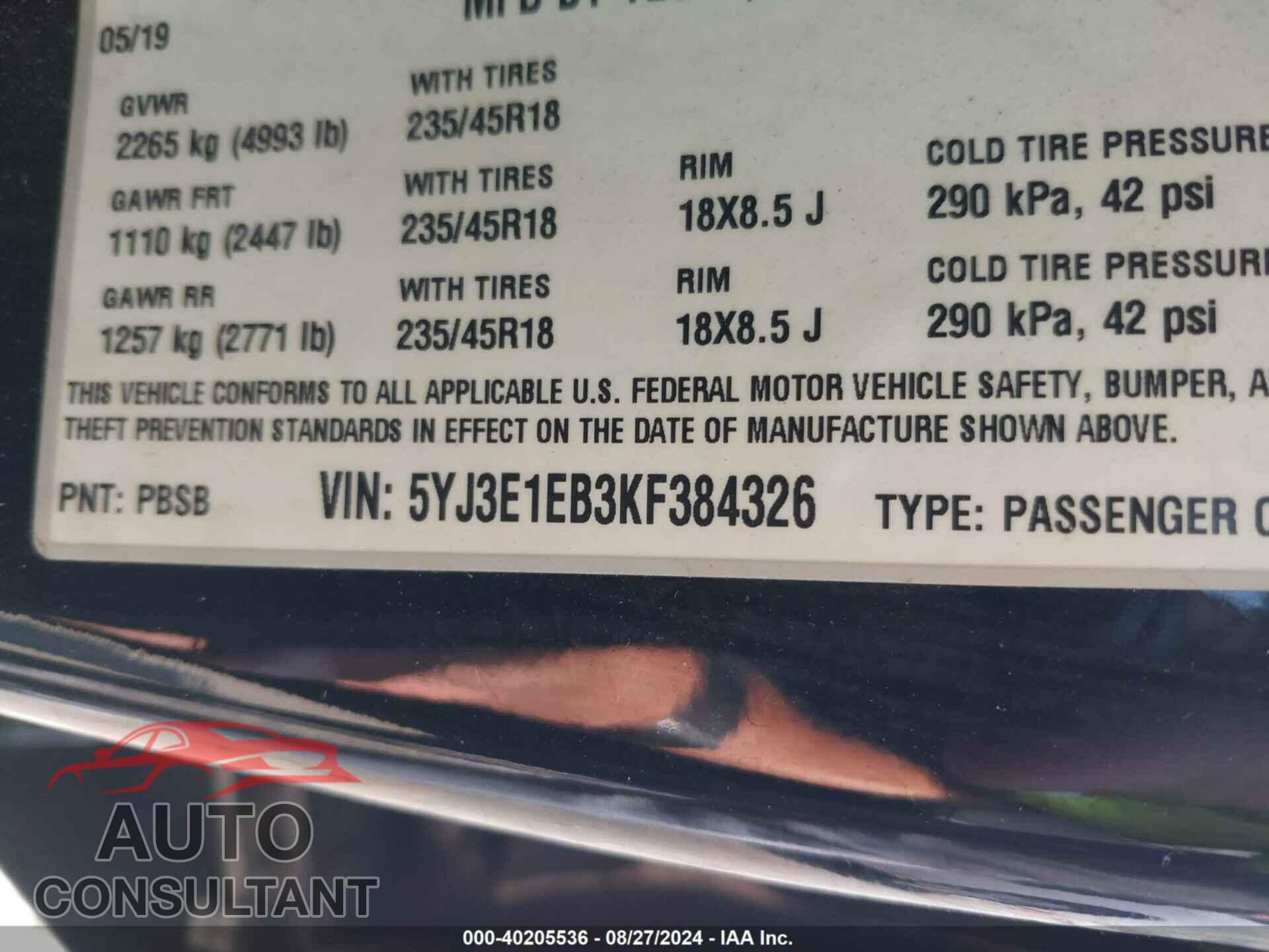 TESLA MODEL 3 2019 - 5YJ3E1EB3KF384326