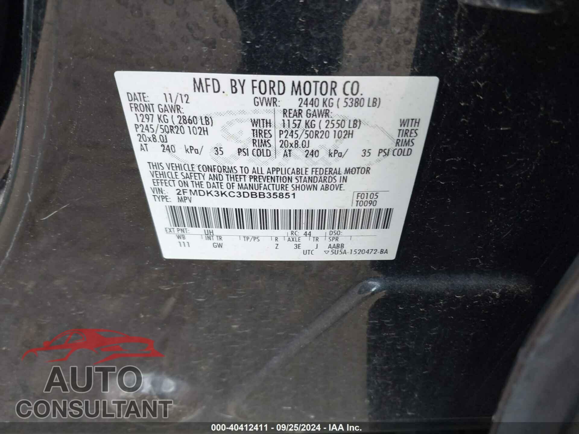 FORD EDGE 2013 - 2FMDK3KC3DBB35851