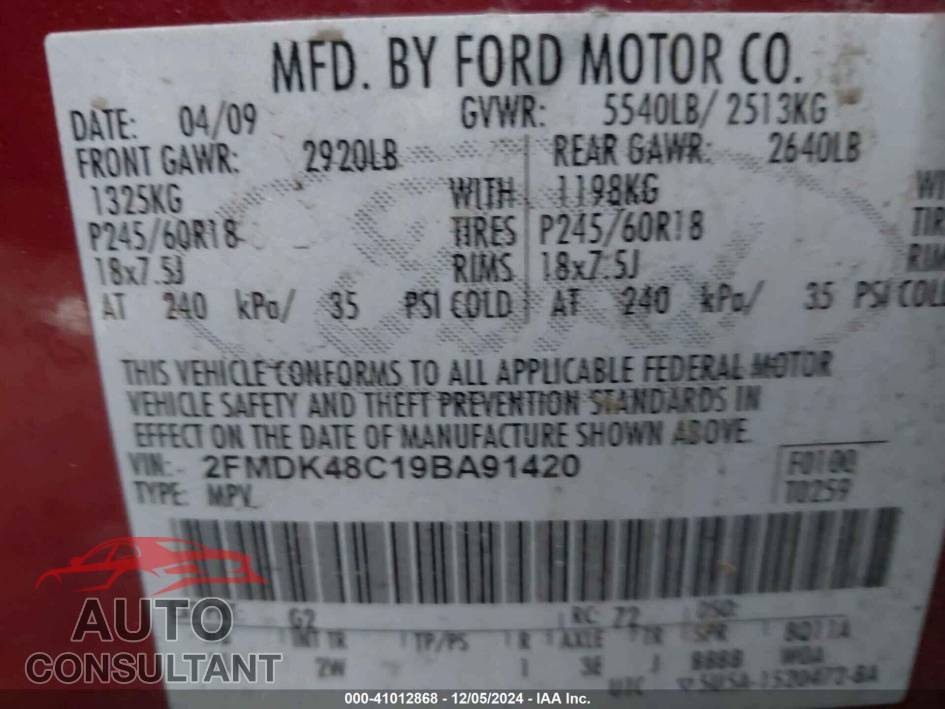 FORD EDGE 2009 - 2FMDK48C19BA91420