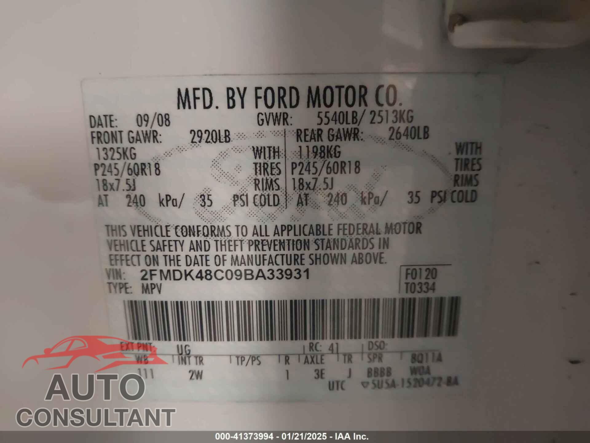 FORD EDGE 2009 - 2FMDK48C09BA33931