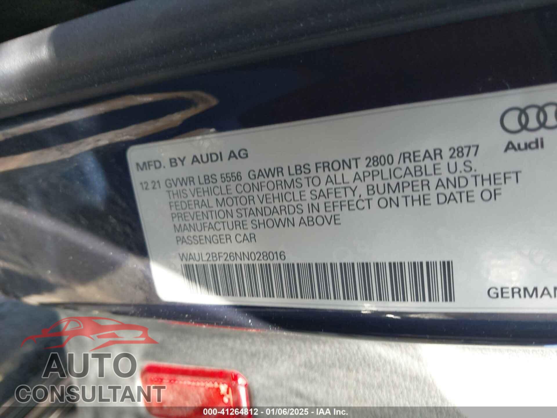 AUDI A6 2022 - WAUL2BF26NN028016