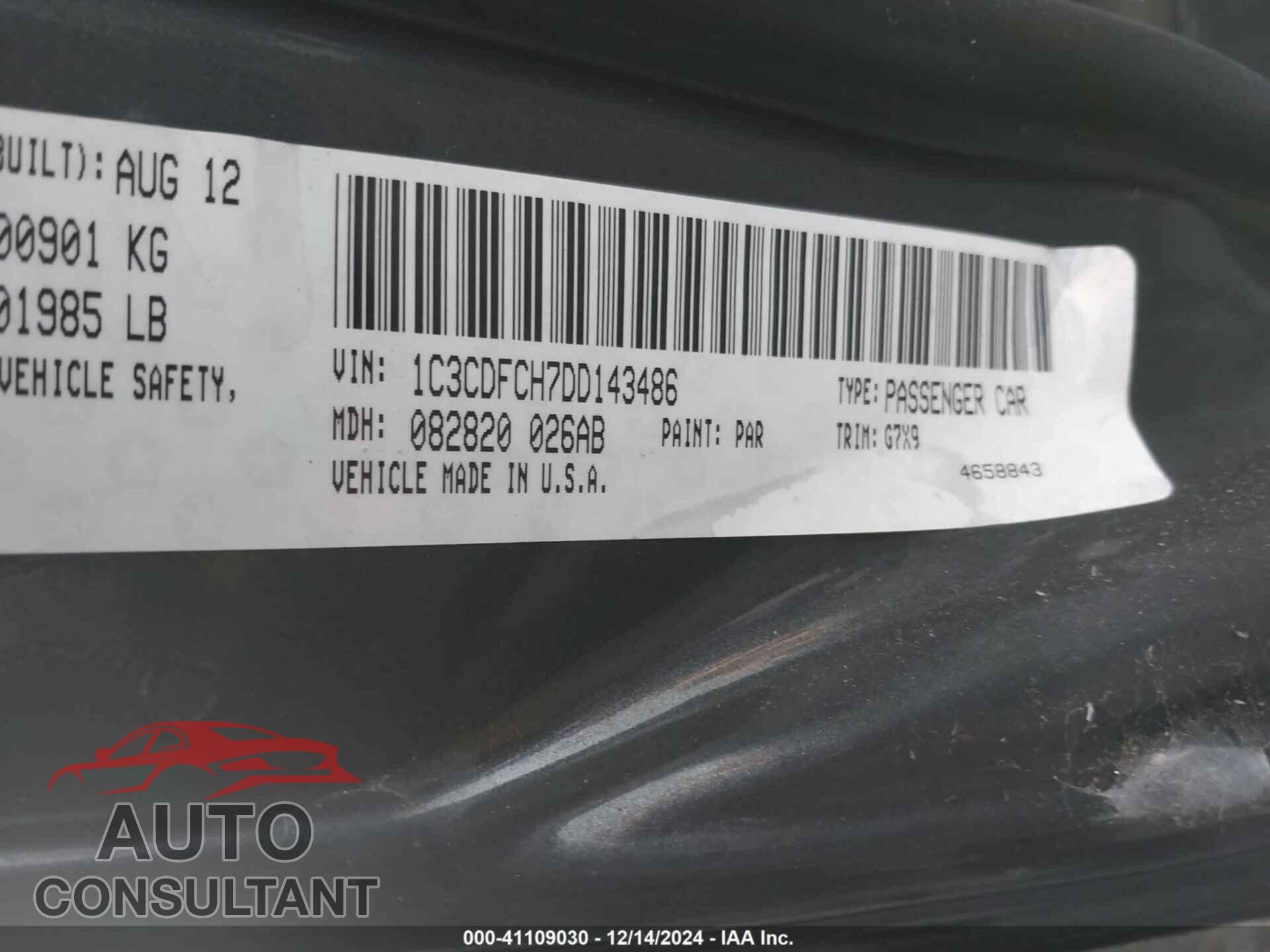 DODGE DART 2013 - 1C3CDFCH7DD143486