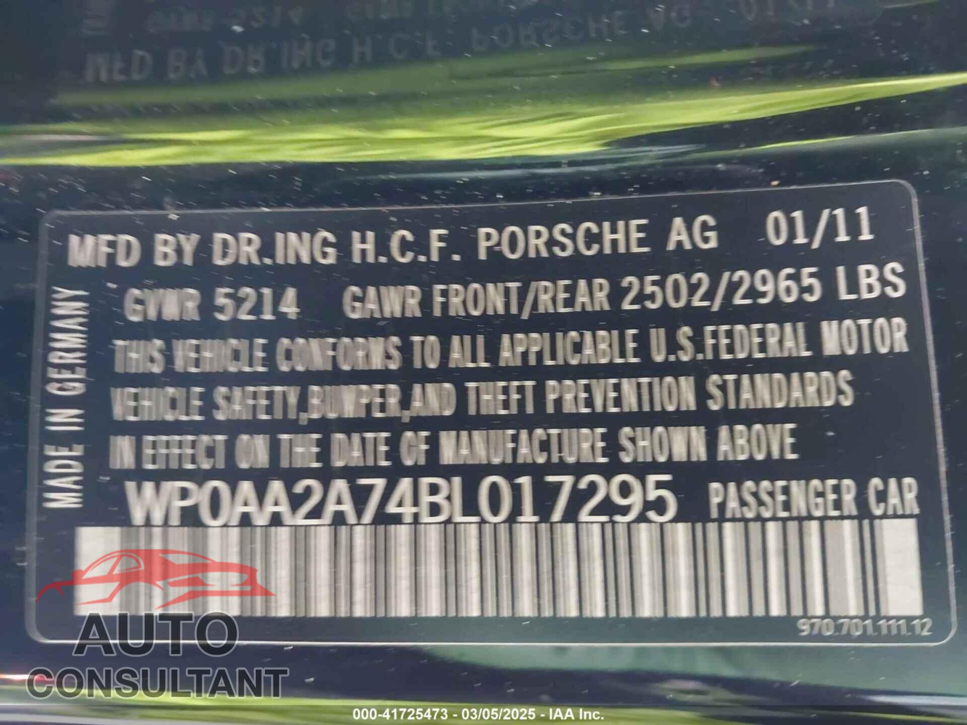 PORSCHE PANAMERA 2011 - WP0AA2A74BL017295