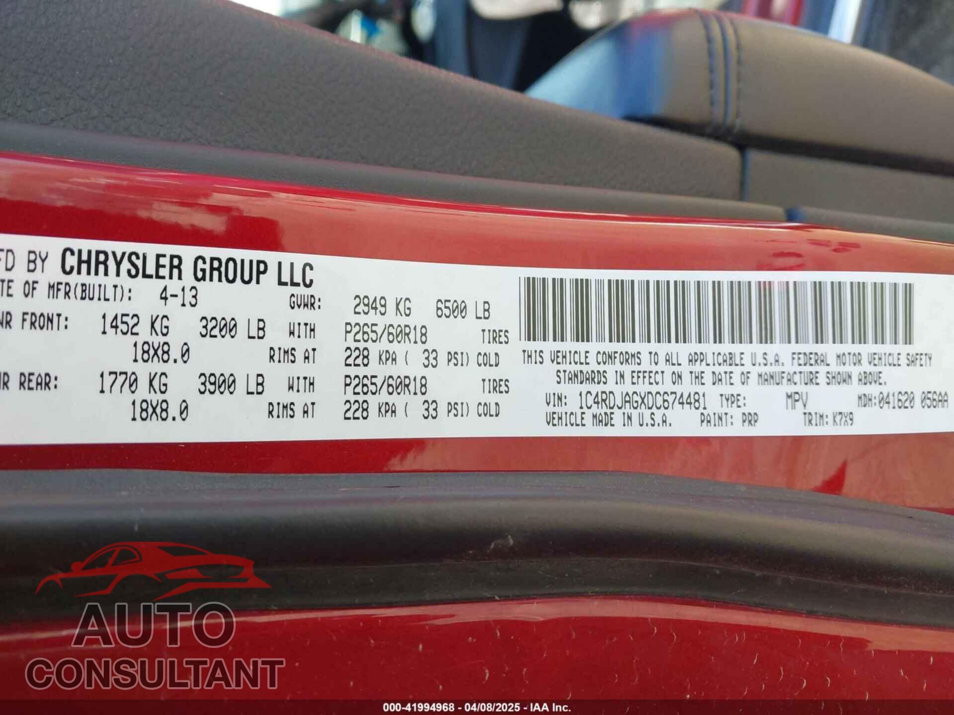 DODGE DURANGO 2013 - 1C4RDJAGXDC674481