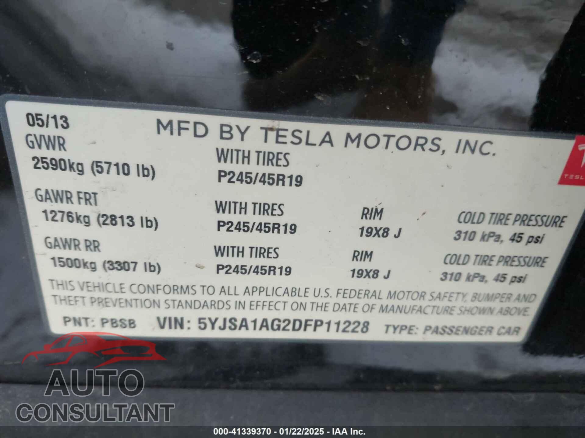 TESLA MODEL S 2013 - 5YJSA1AG2DFP11228