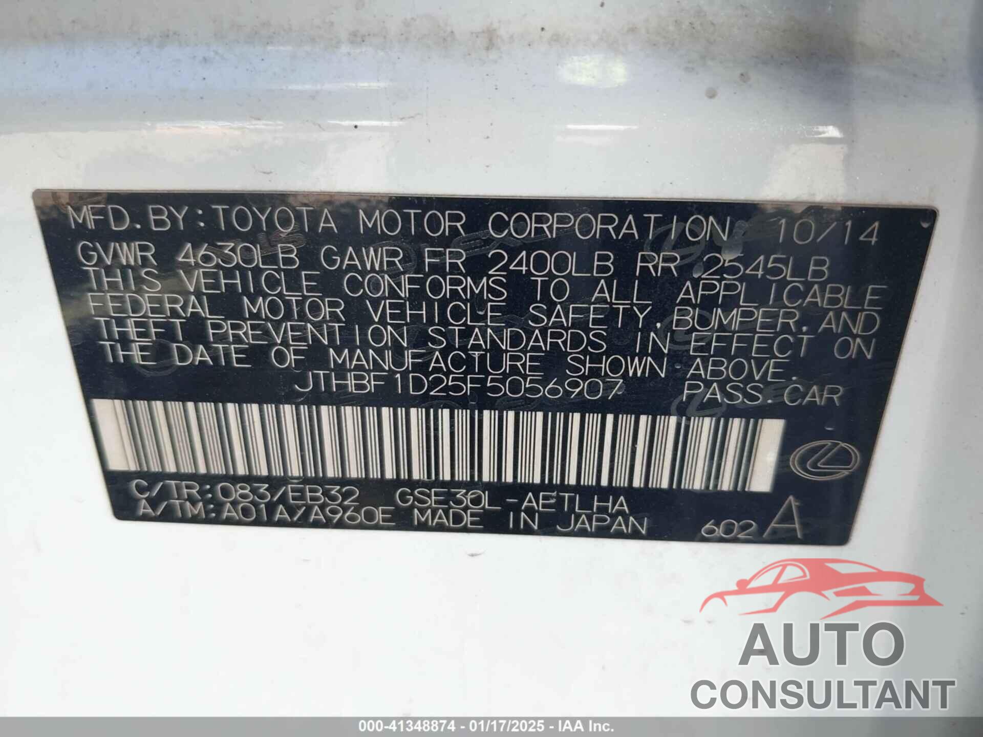 LEXUS IS 250 2015 - JTHBF1D25F5056907