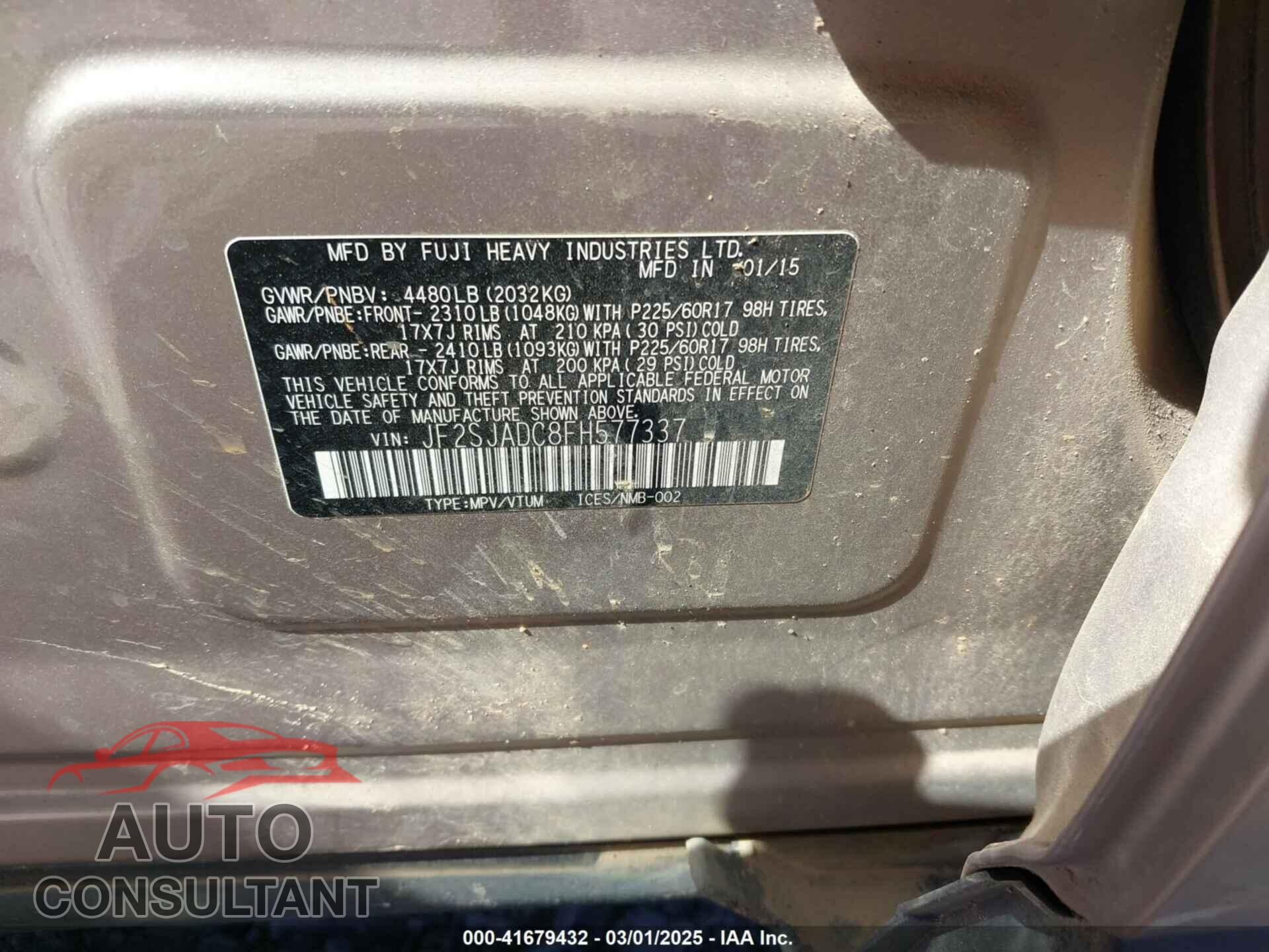 SUBARU FORESTER 2015 - JF2SJADC8FH577337