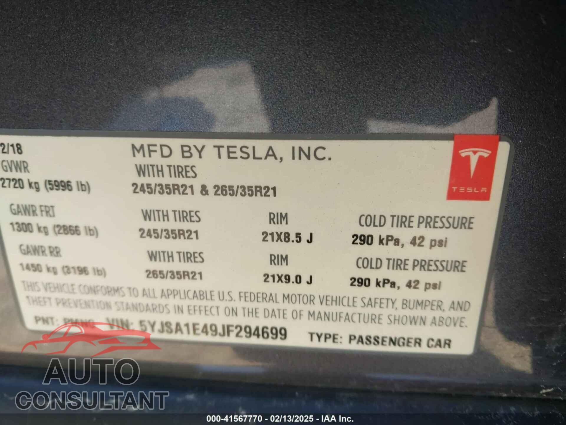 TESLA MODEL S 2018 - 5YJSA1E49JF294699