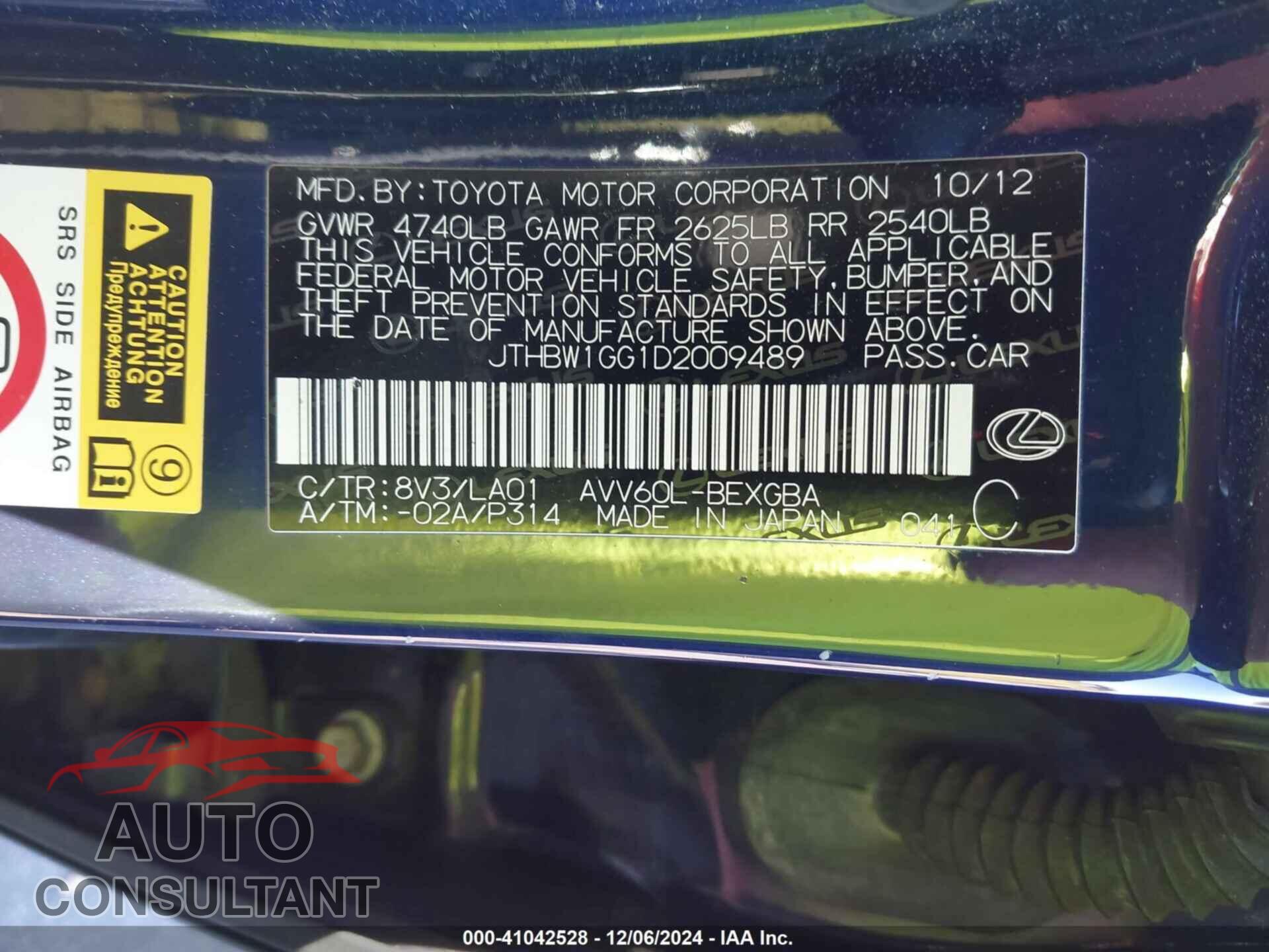 LEXUS ES 300H 2013 - JTHBW1GG1D2009489