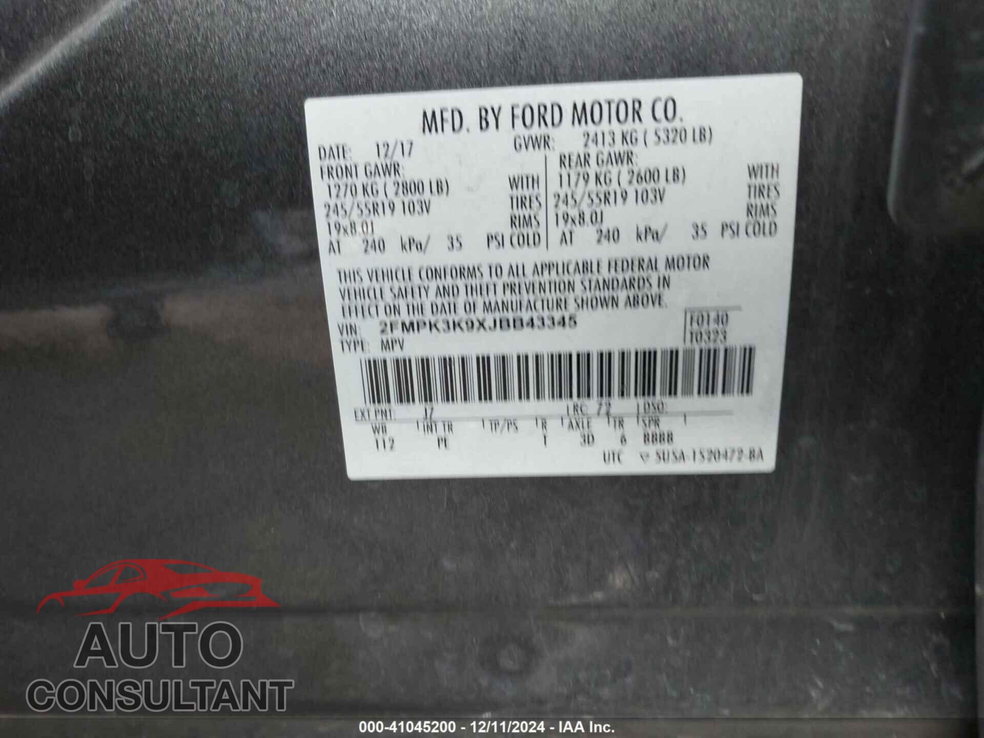 FORD EDGE 2018 - 2FMPK3K9XJBB43345