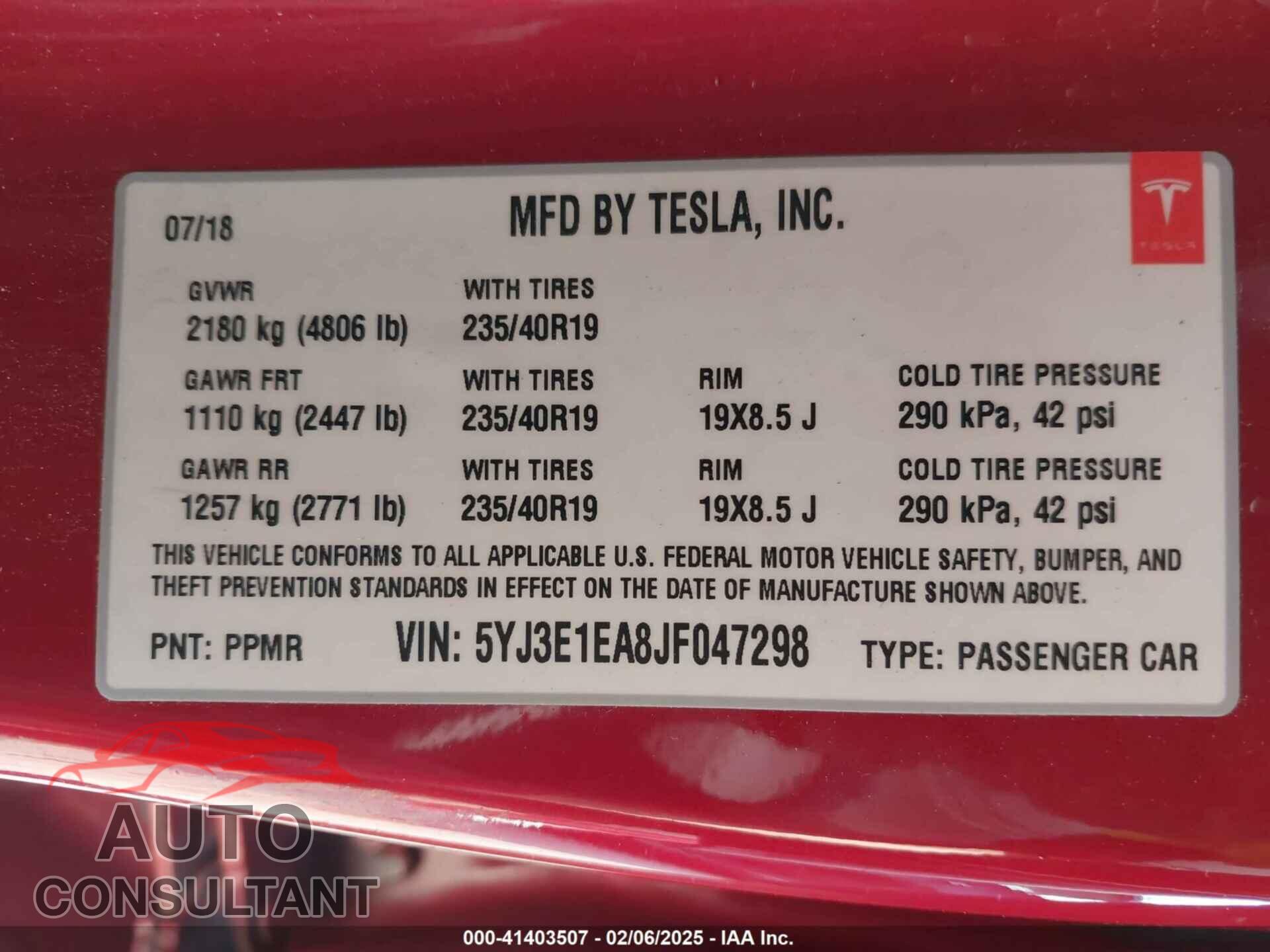 TESLA MODEL 3 2018 - 5YJ3E1EA8JF047298