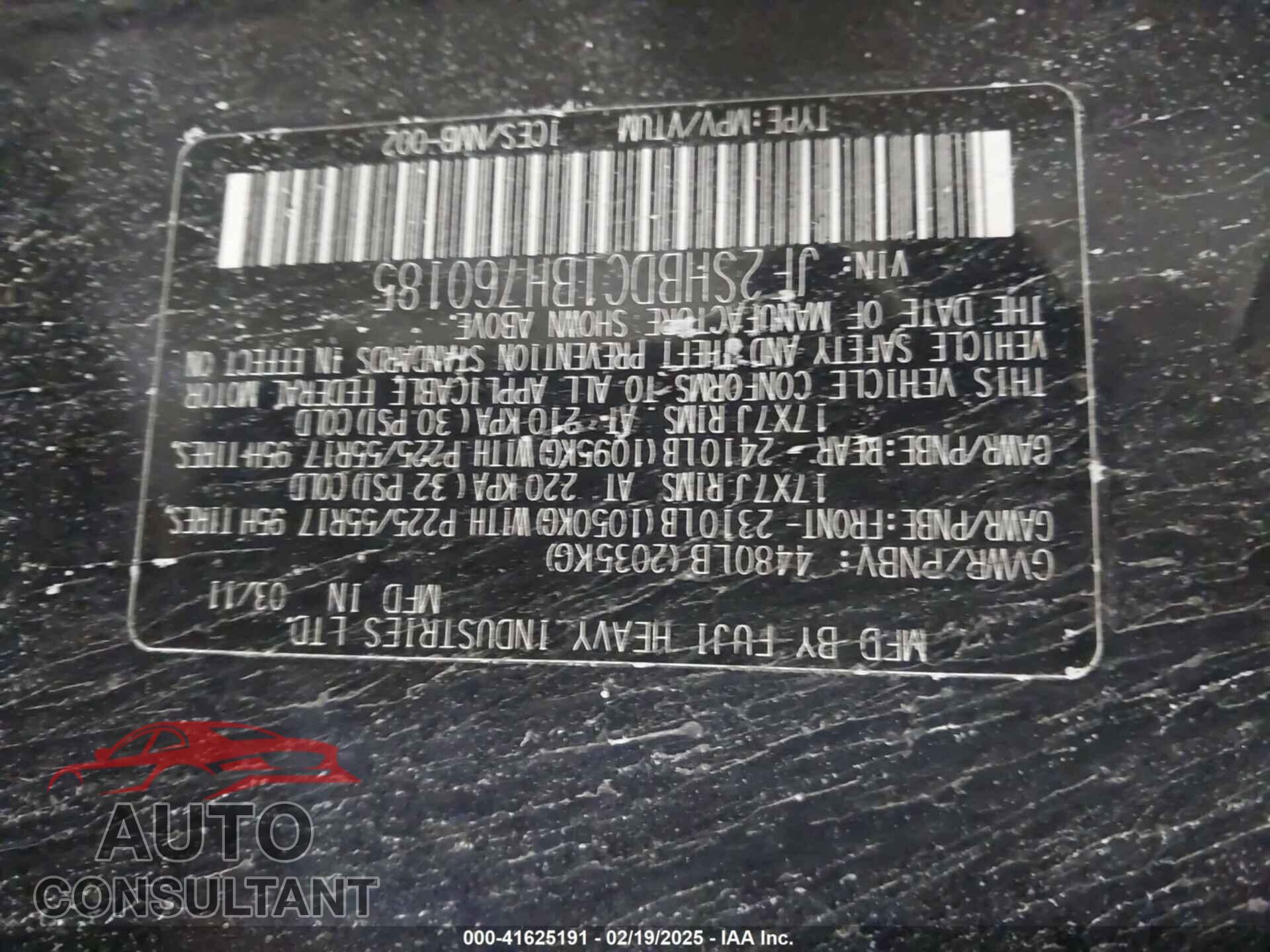 SUBARU FORESTER 2011 - JF2SHBDC1BH760185