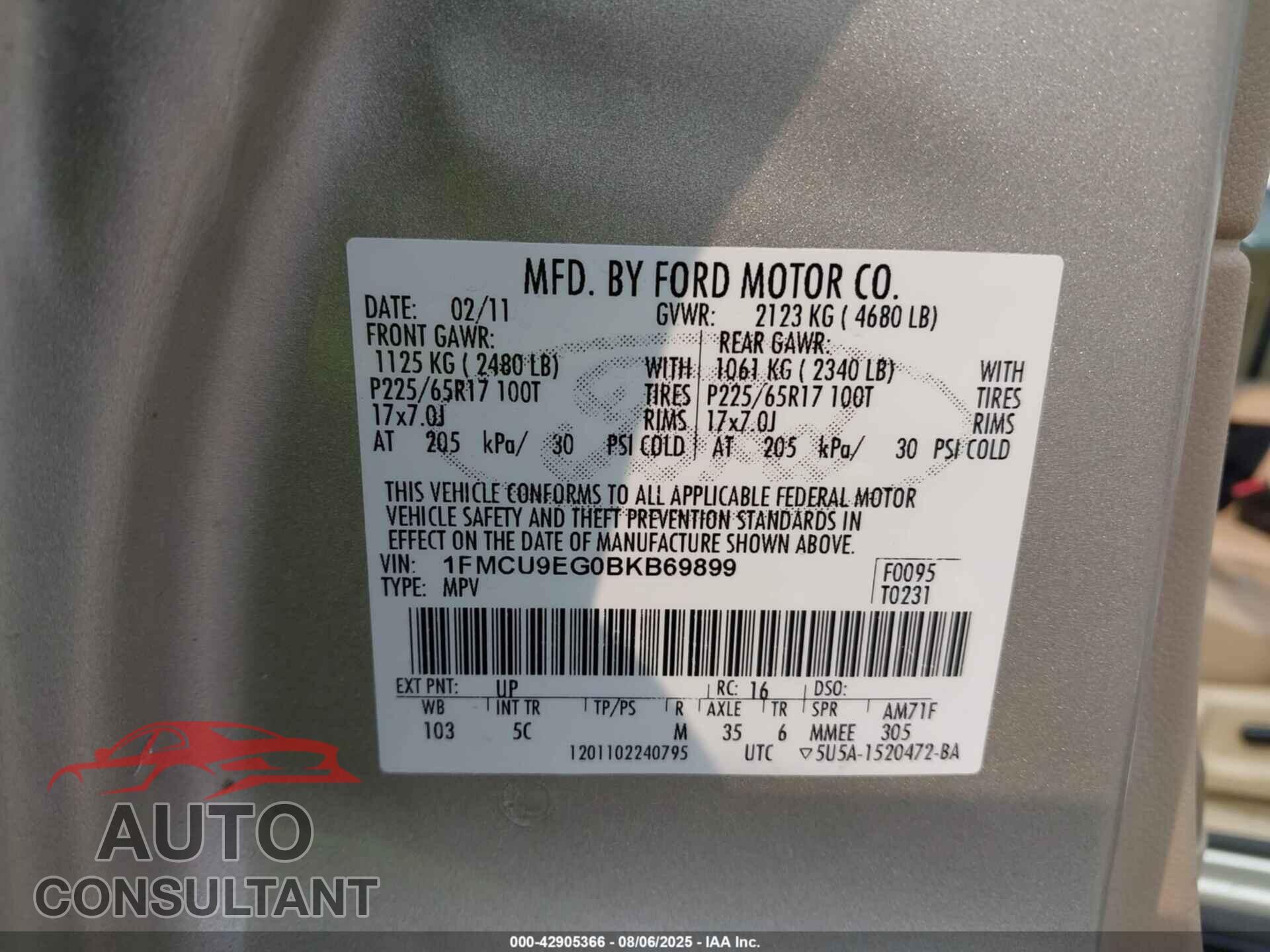 FORD ESCAPE 2011 - 1FMCU9EG0BKB69899