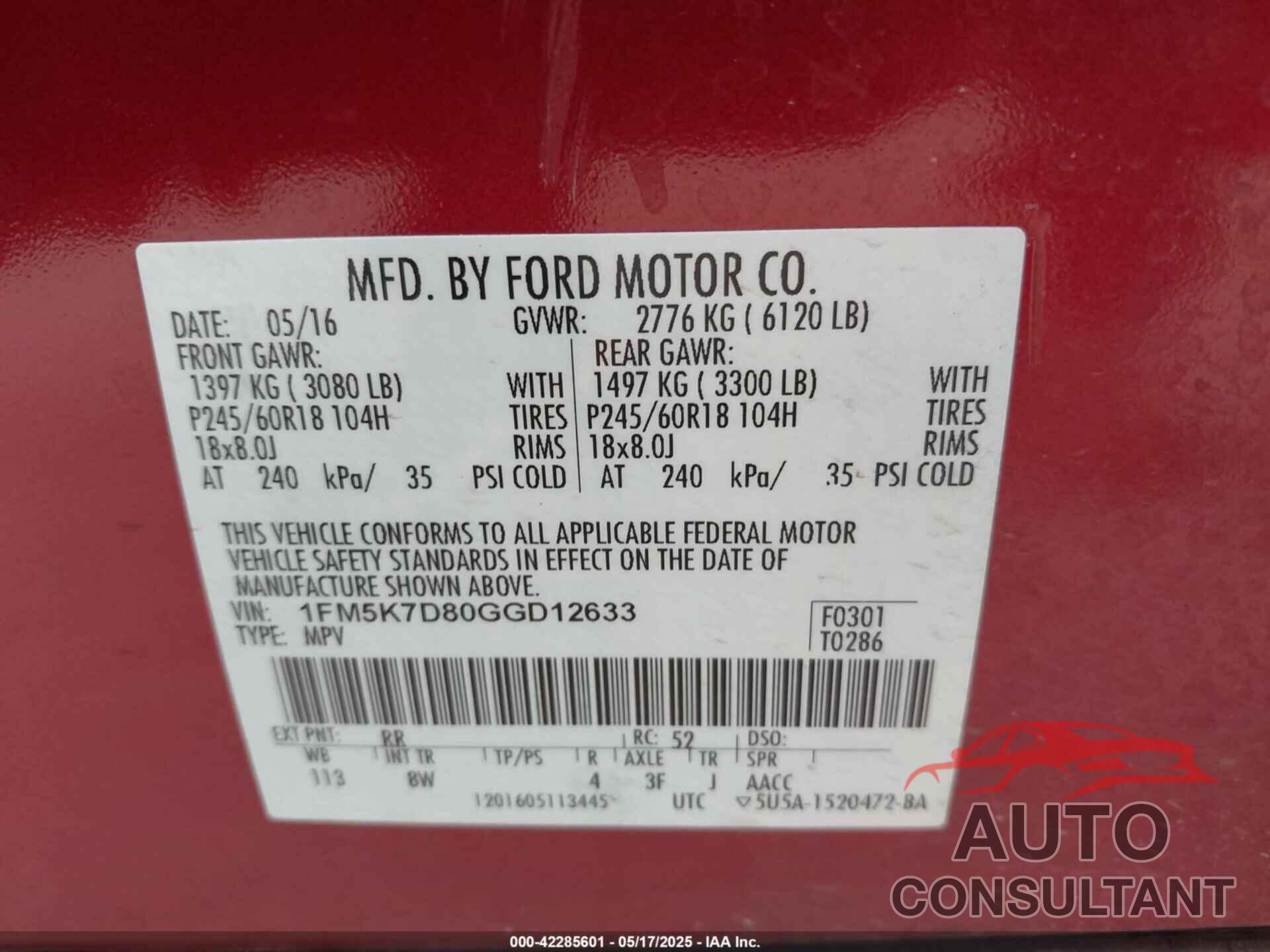FORD EXPLORER 2016 - 1FM5K7D80GGD12633