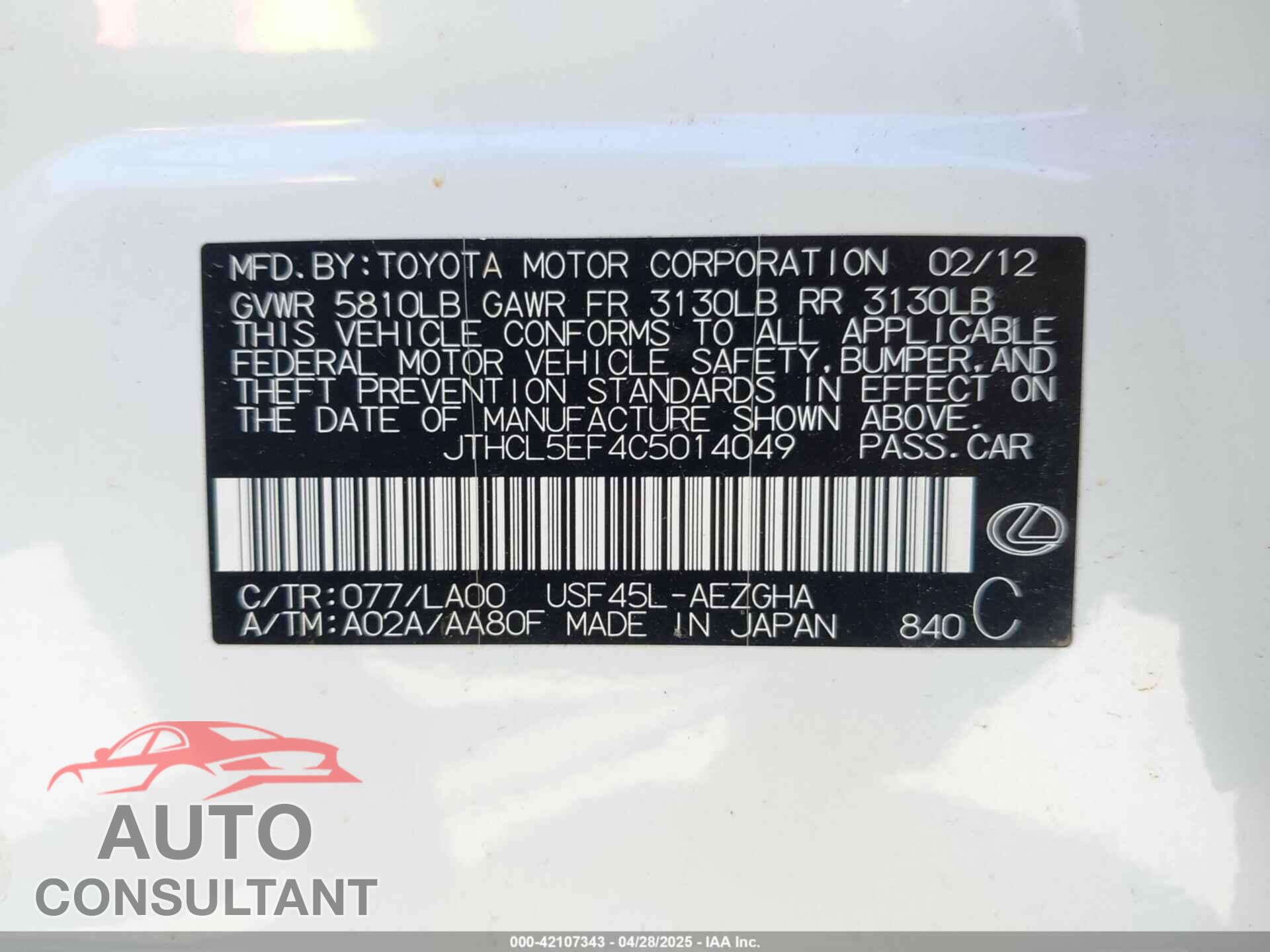 LEXUS LS 460 2012 - JTHCL5EF4C5014049