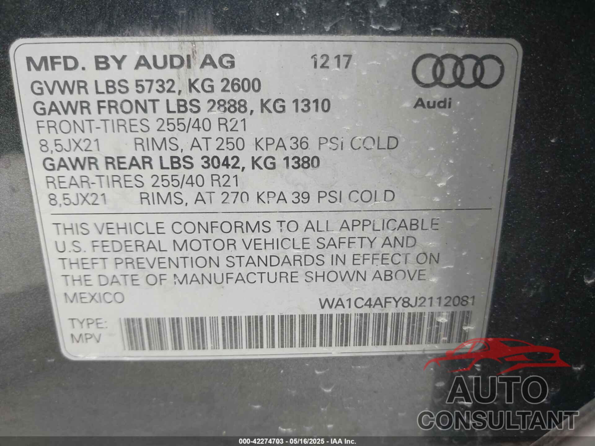 AUDI SQ5 2018 - WA1C4AFY8J2112081