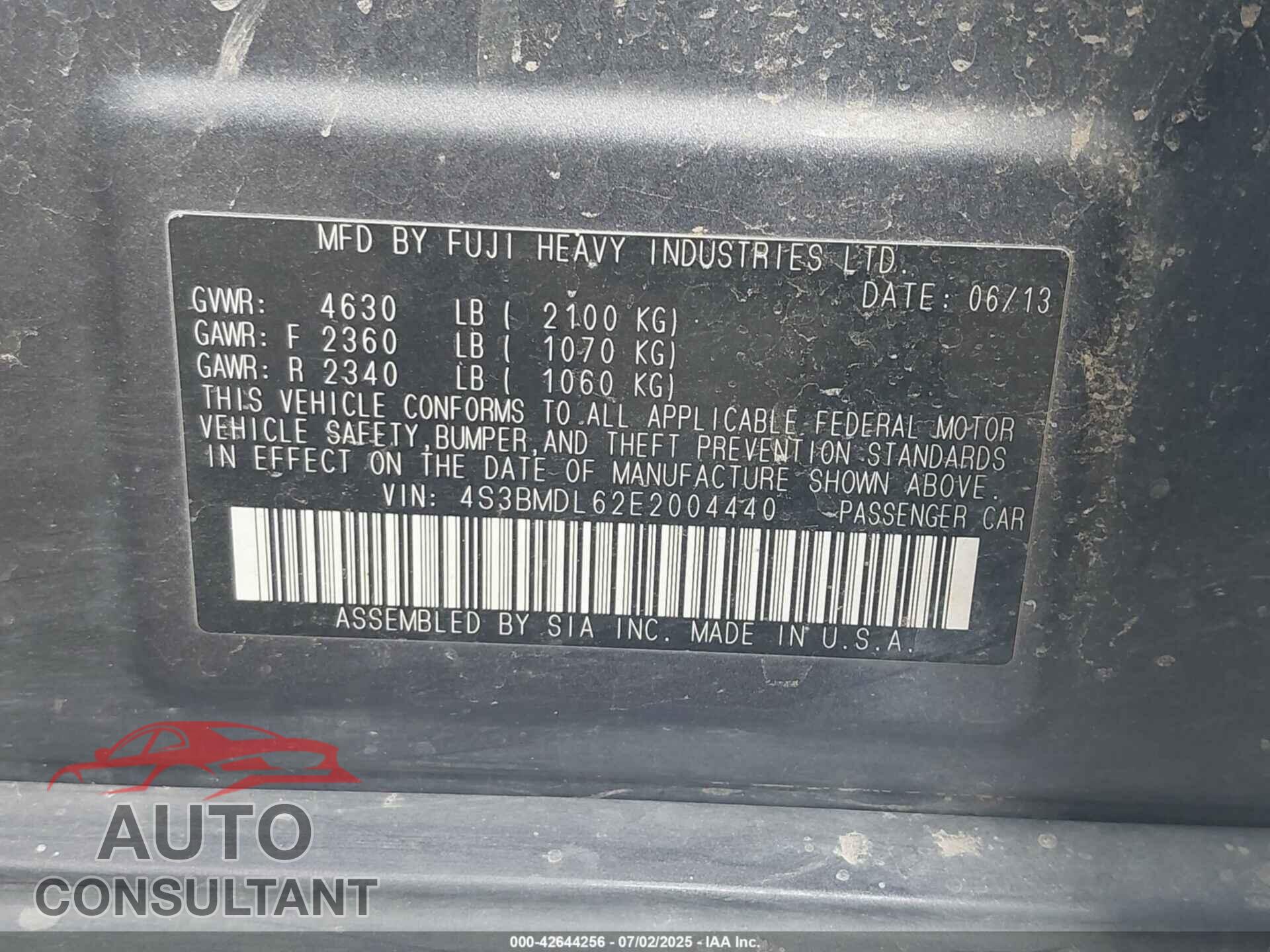 SUBARU LEGACY 2014 - 4S3BMDL62E2004440