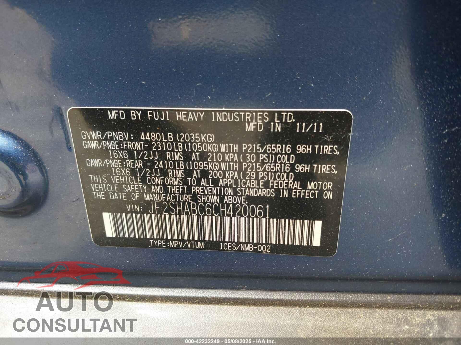 SUBARU FORESTER 2012 - JF2SHABC6CH420061