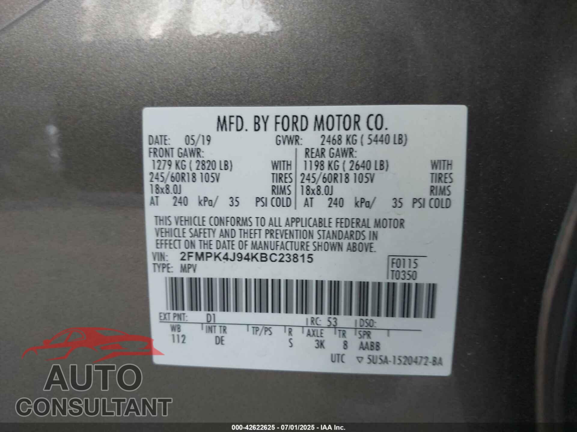 FORD EDGE 2019 - 2FMPK4J94KBC23815
