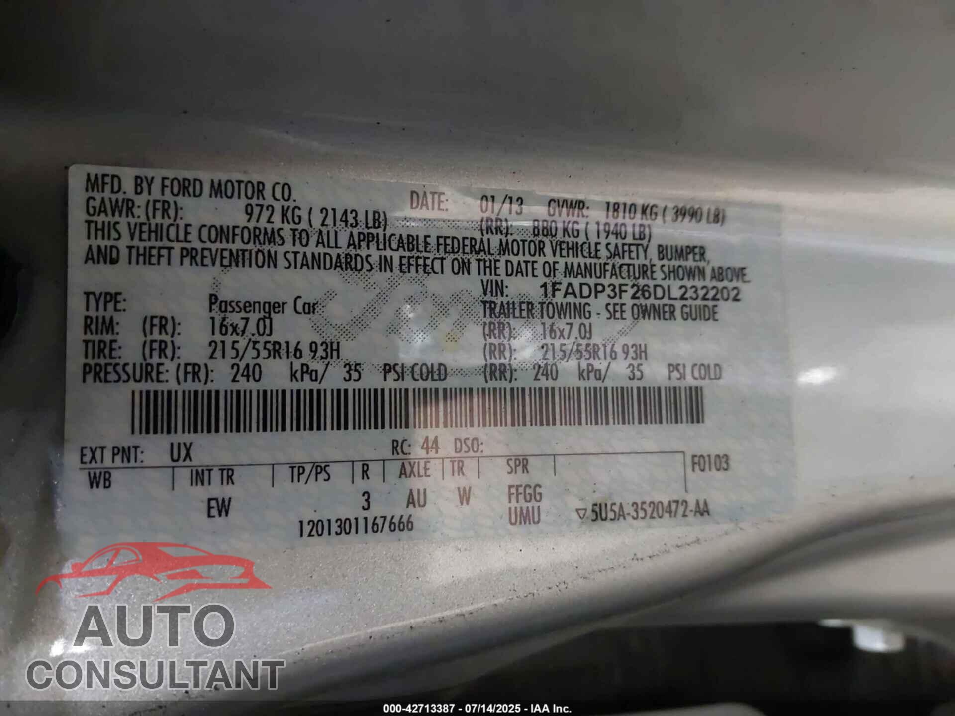 FORD FOCUS 2013 - 1FADP3F26DL232202
