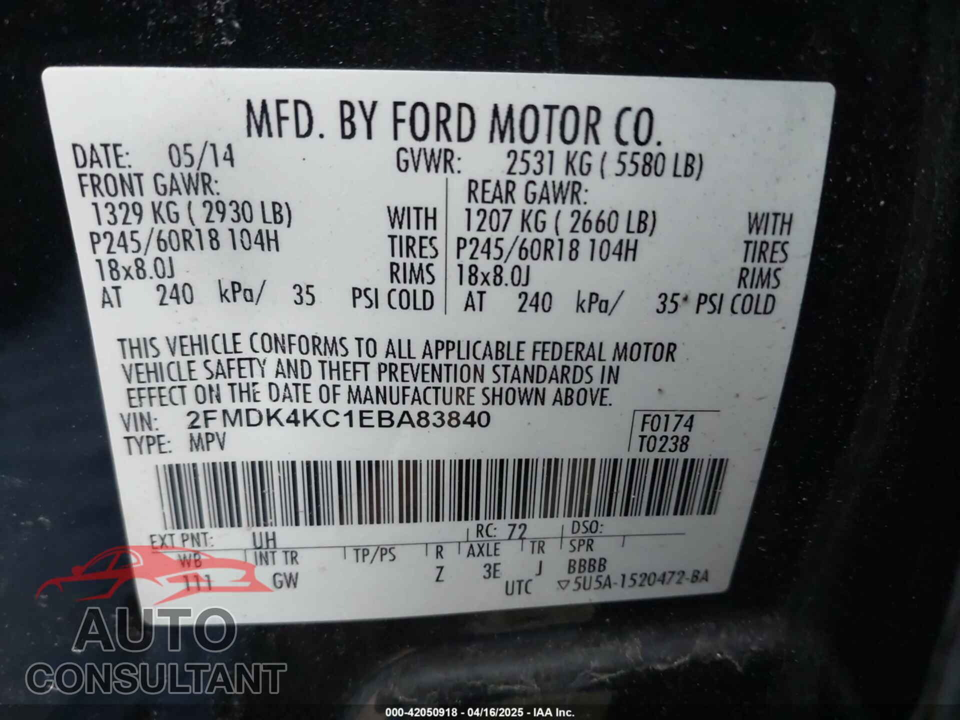 FORD EDGE 2014 - 2FMDK4KC1EBA83840