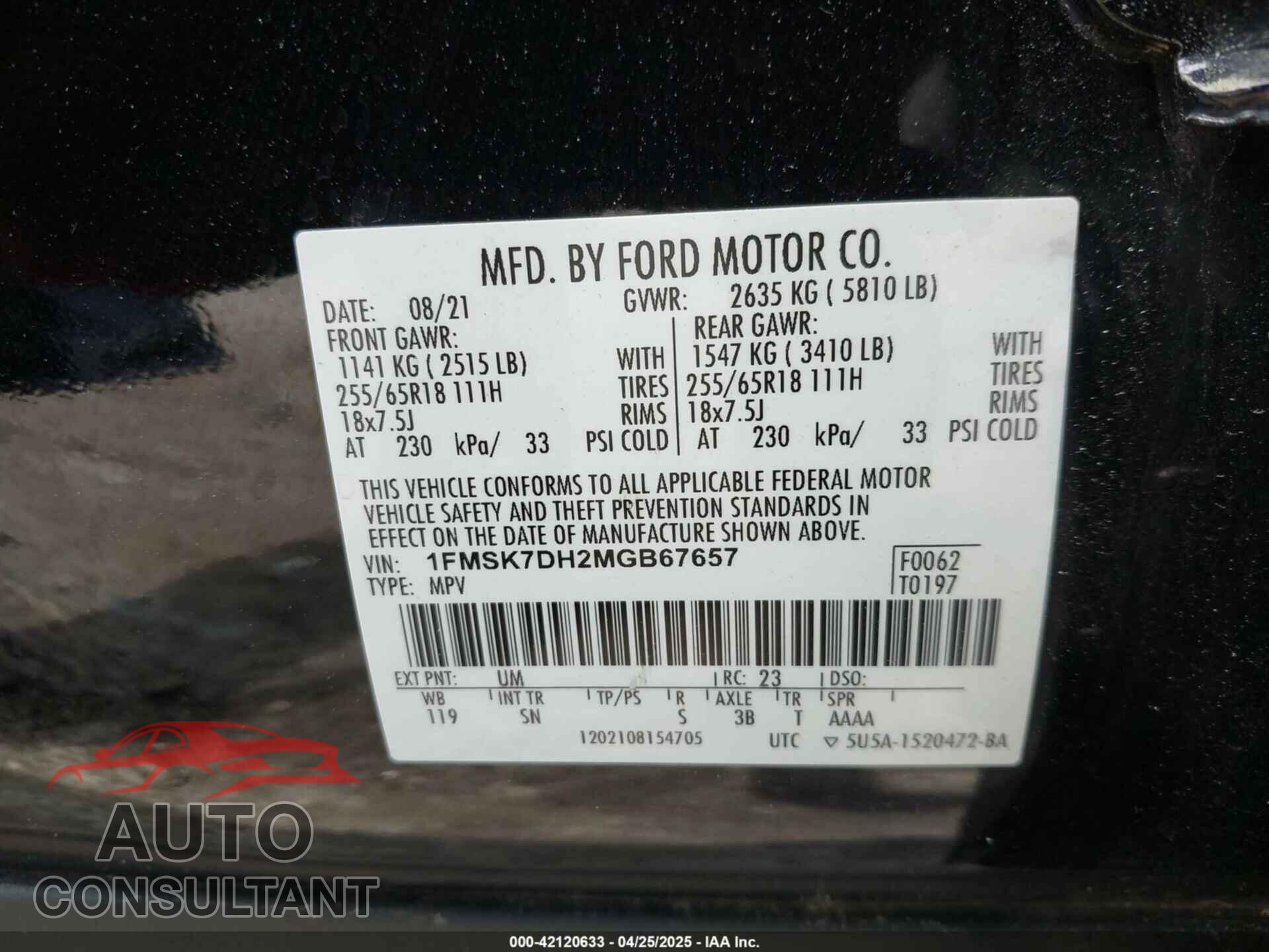 FORD EXPLORER 2021 - 1FMSK7DH2MGB67657
